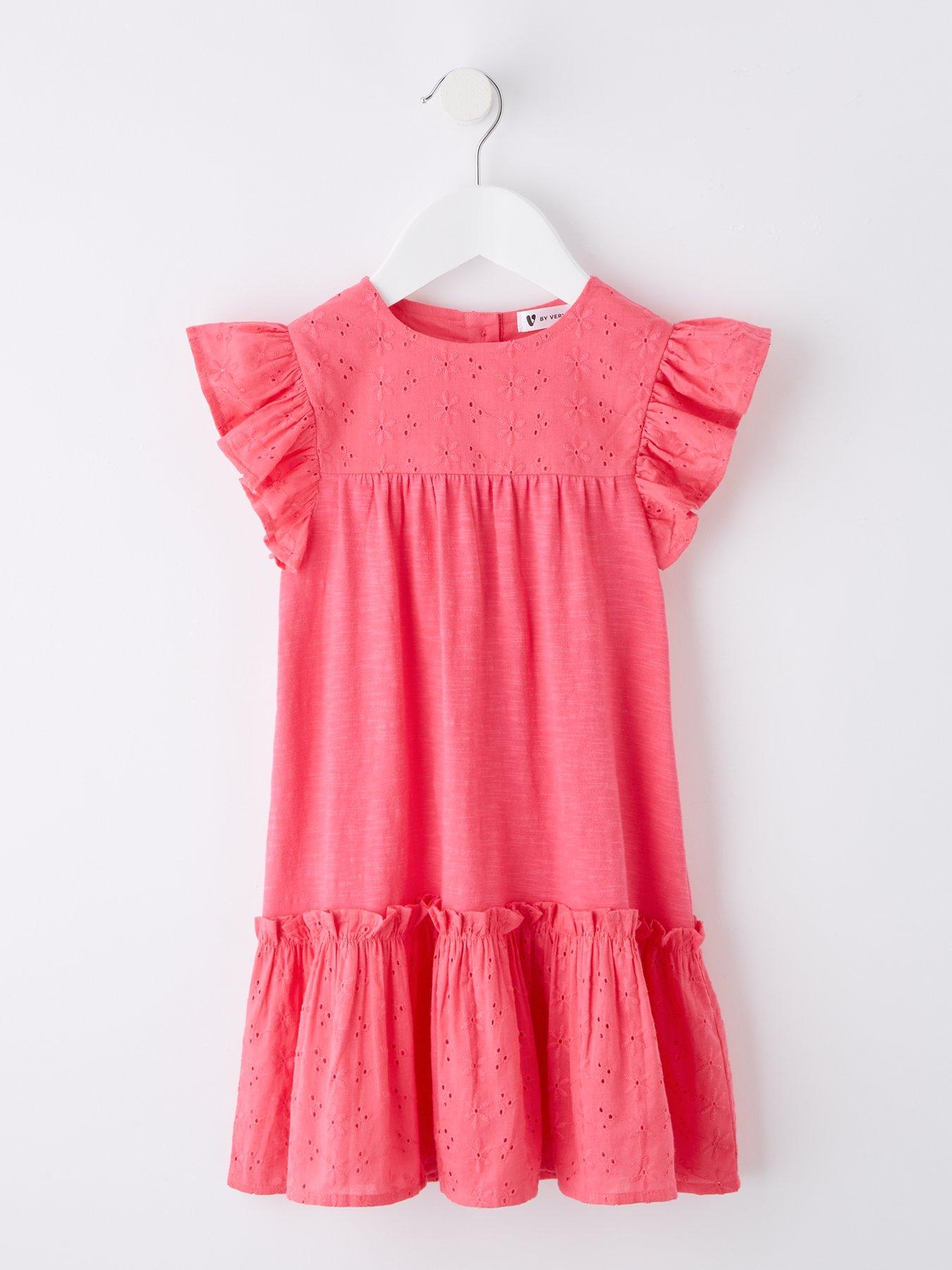 undefined Girls Slub Jersey Broderie Trim Dress - Pink