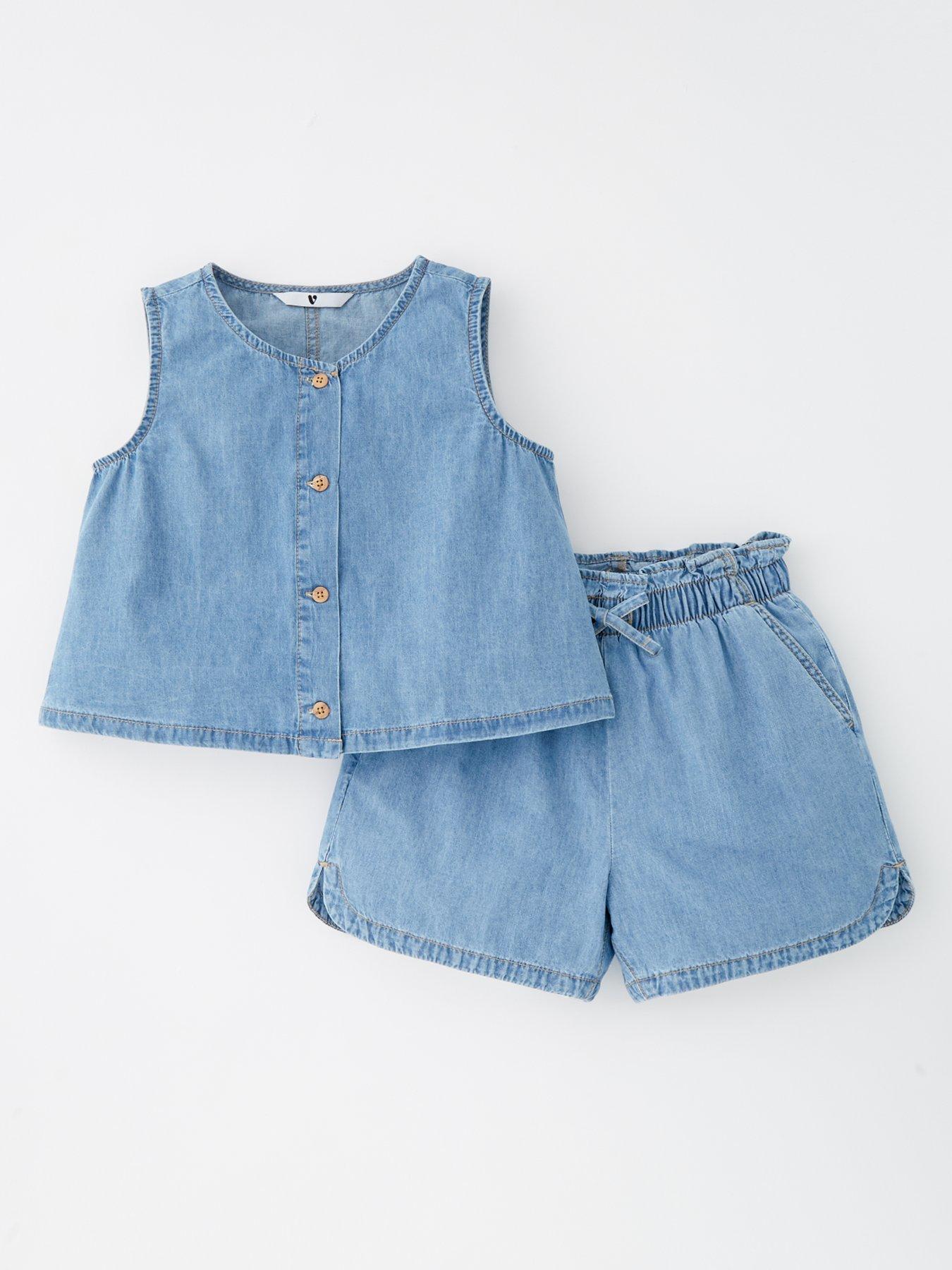 undefined Girls Denim Waistcoat And Short Set - Multi