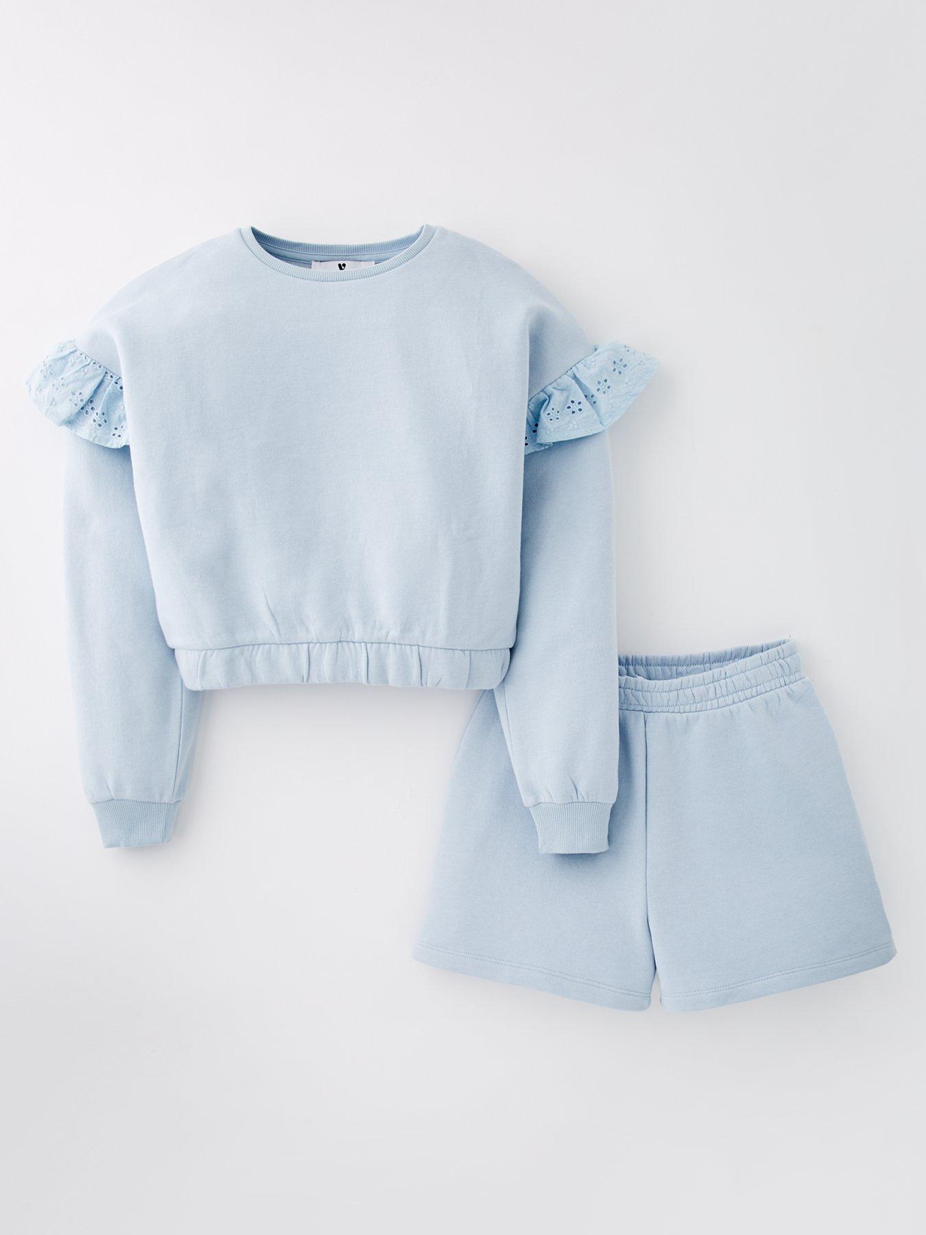 Image 1 of 5 of V by Very Girls Broderie Sweatshirt And Short Set - Blue