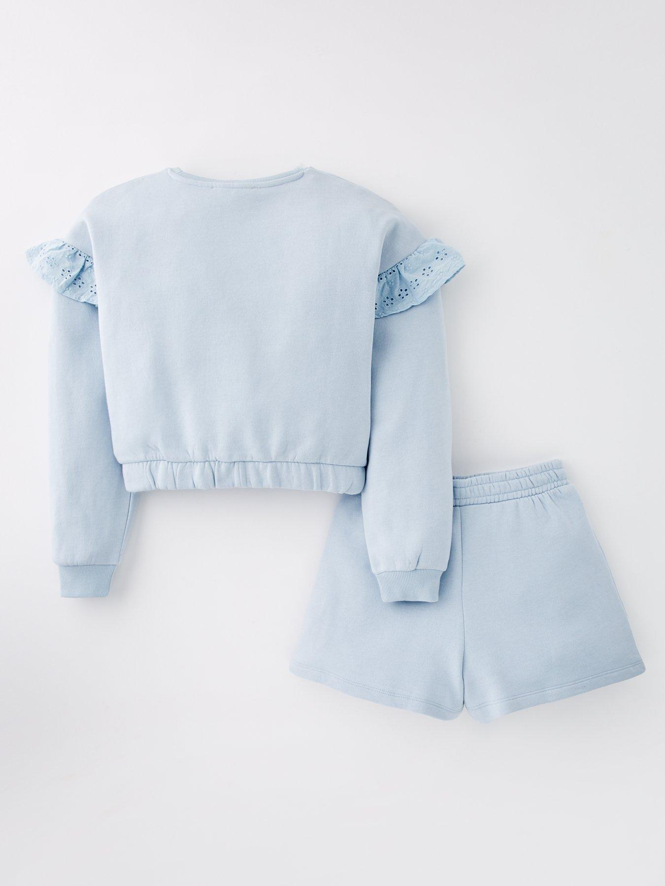 Image 2 of 5 of V by Very Girls Broderie Sweatshirt And Short Set - Blue