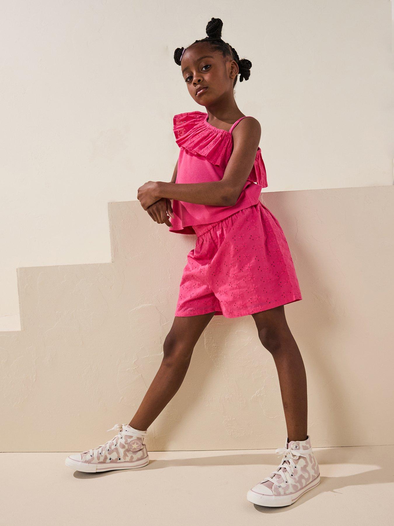 undefined Girls Frill One Shoulder Top And Short Set - Pink