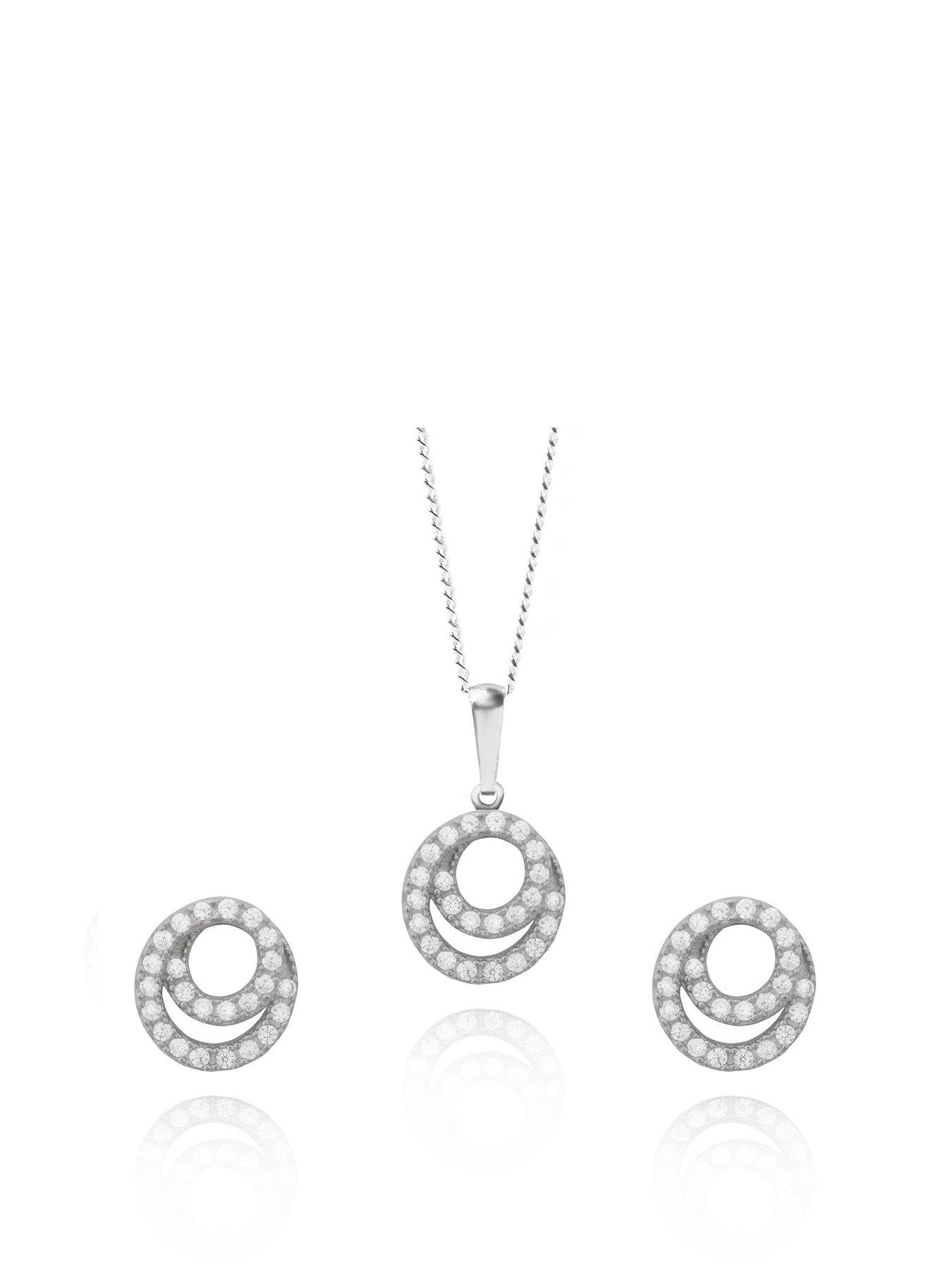 Product photograph of The Love Silver Collection Sterling Silver Swirl Cz Crystal Stud Earrings And Pendant With Chain from very.co.uk