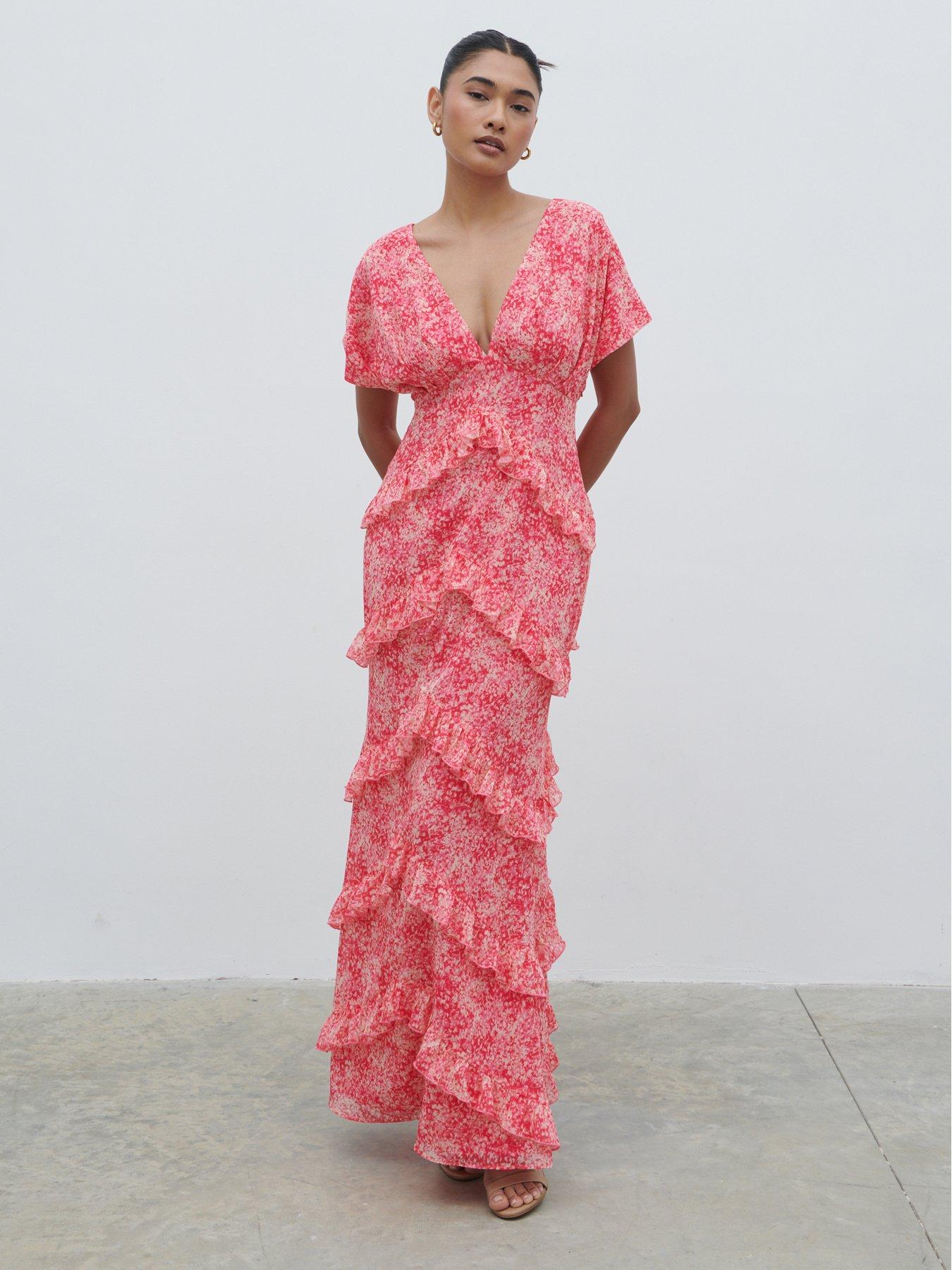 undefined Tasmin Floral V Neck Ruffle Maxi Dress - Pink