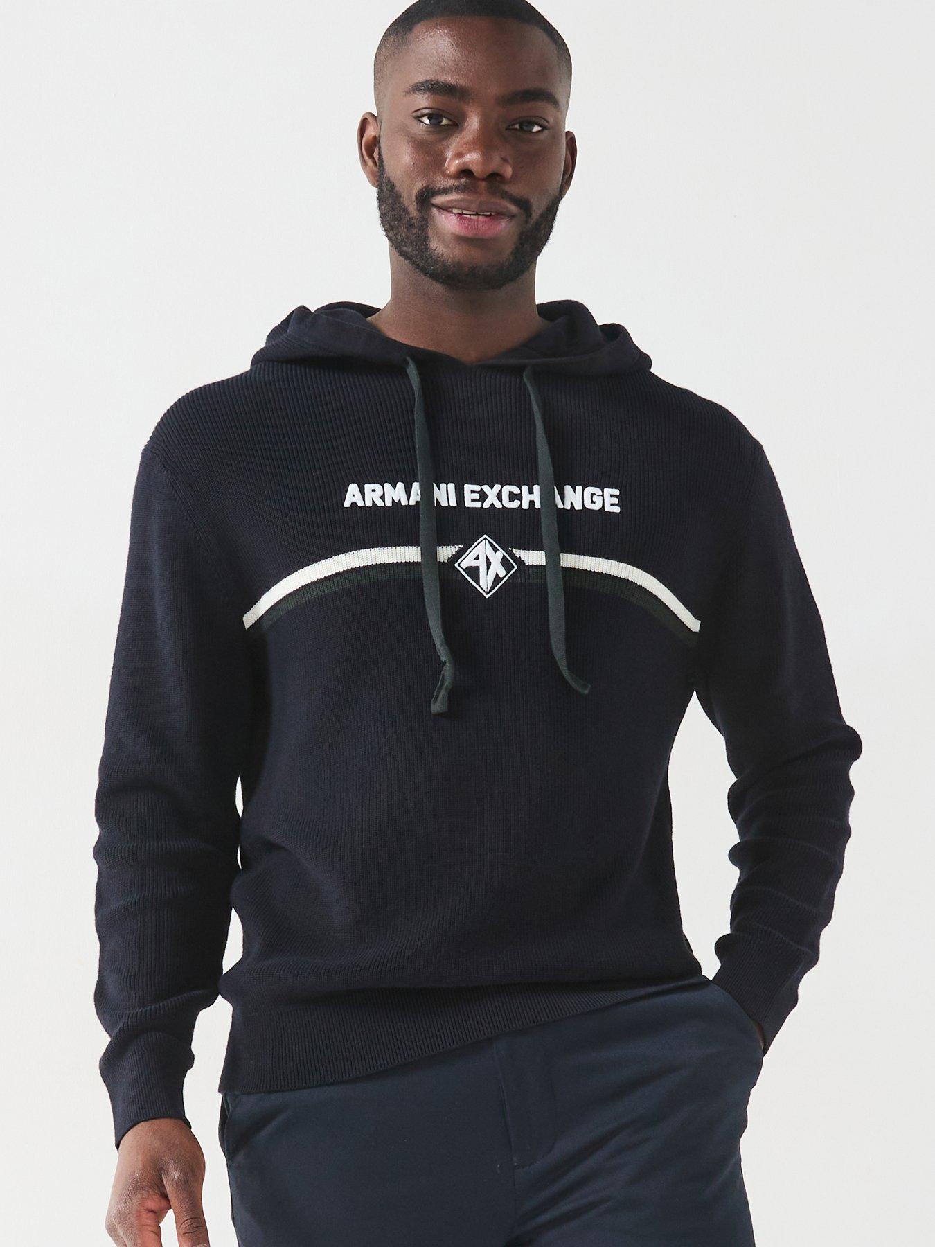 undefined Stripe Logo Hooded Knitted Jumper - Navy