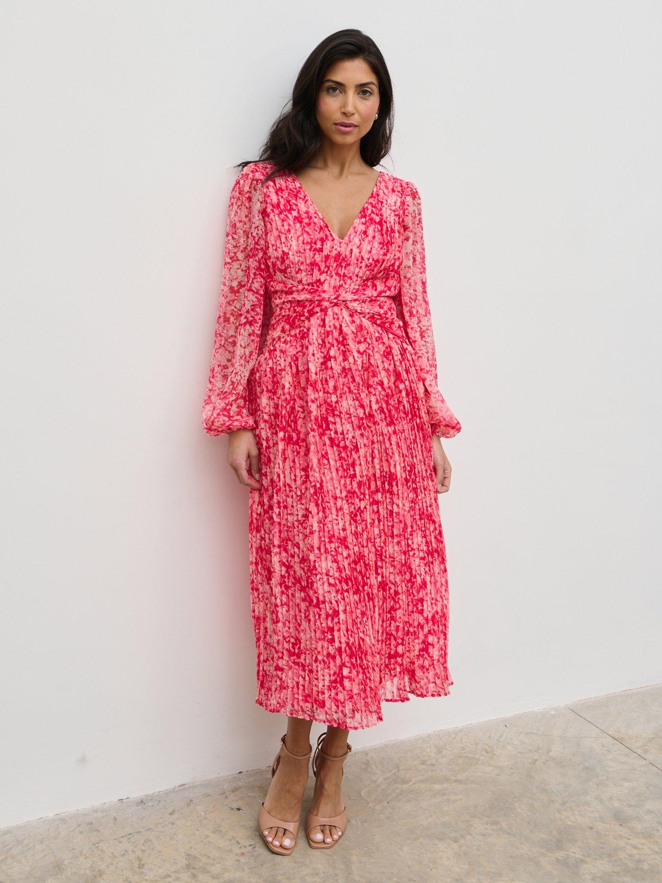undefined Jade Floral Pleated V Neck Midaxi Dress - Pink