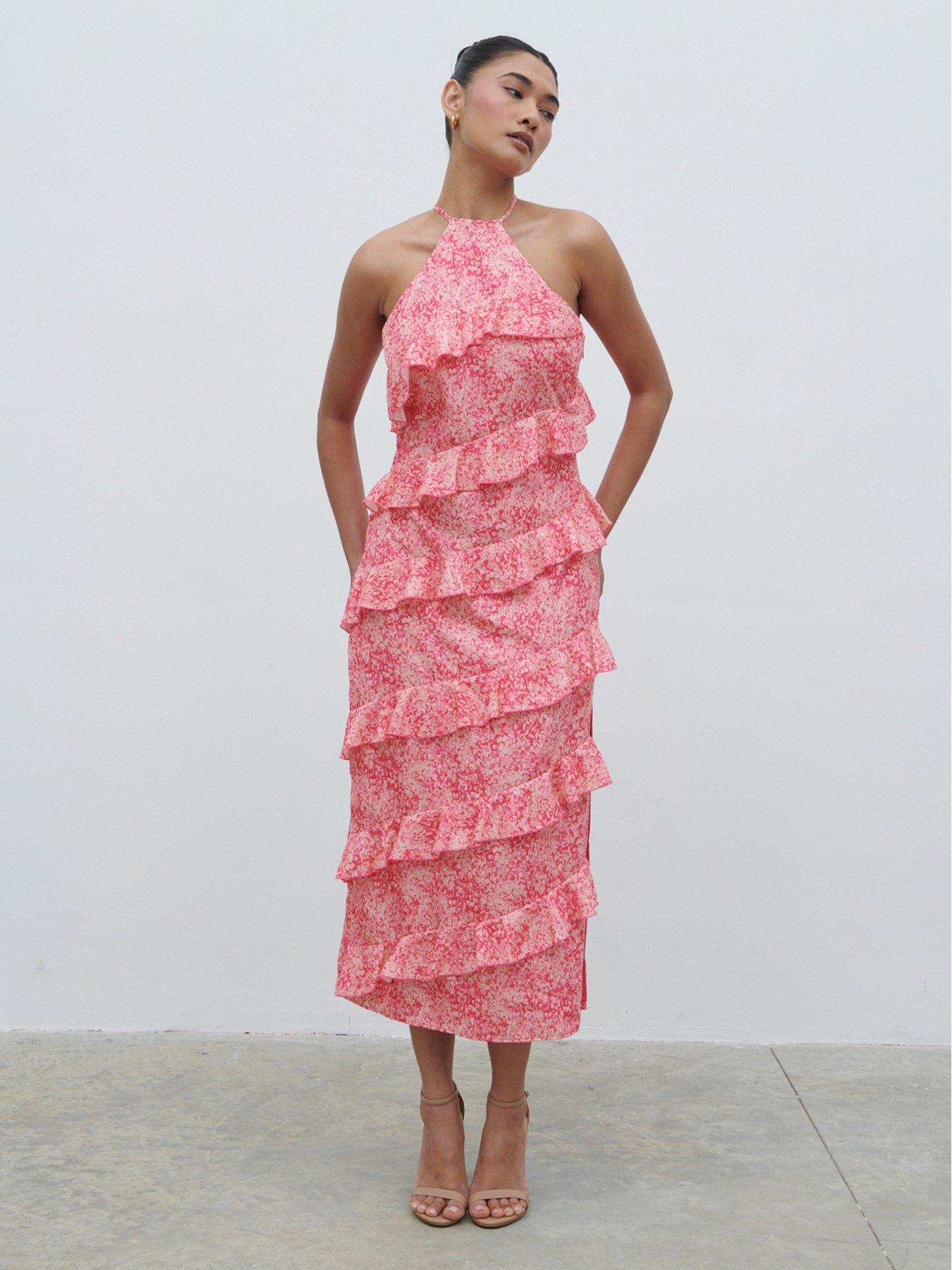 Pretty Lavish Katy Ruffle Halterneck Midaxi Dress - Pink