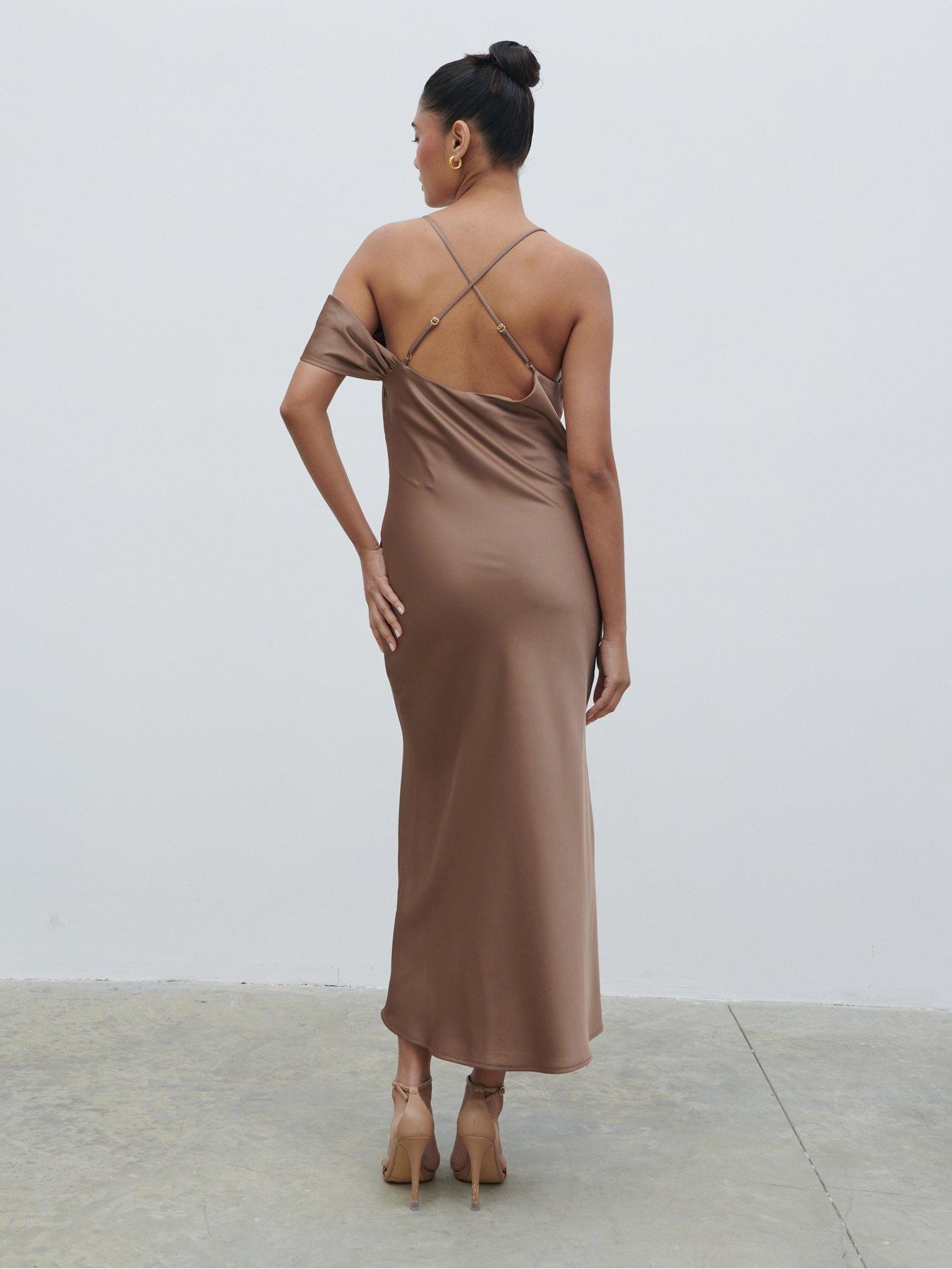 pretty lavish brown satin dress Pretty Lavish Sheree scarf maxi dress in brown