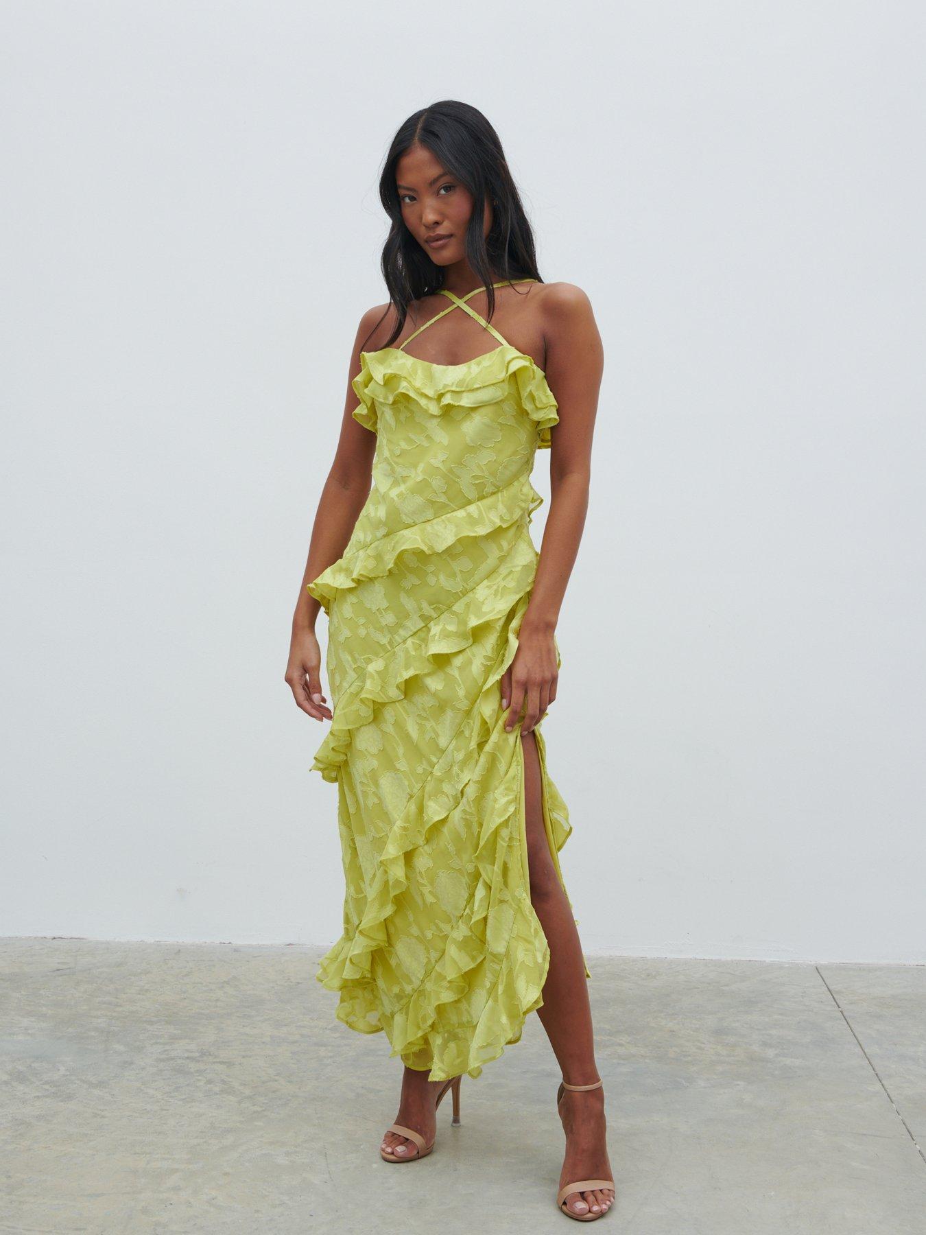 undefined Aryana Jacquard Ruffle Midaxi Dress - Chartreuse