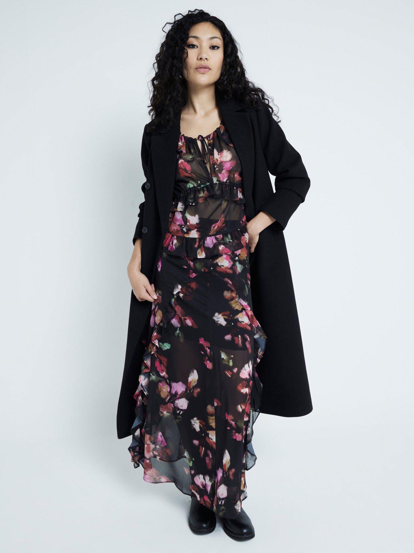 undefined Chiffon Floral Ruffle Blouse - Black