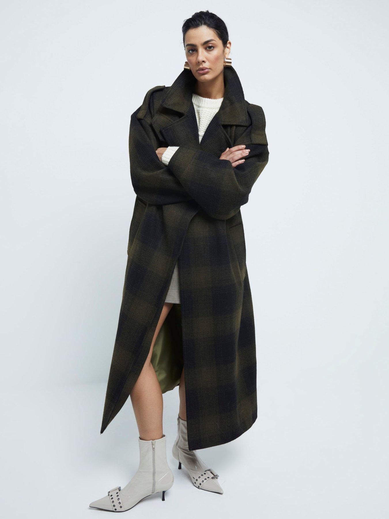 undefined Checked Belted Coat - Dark Green