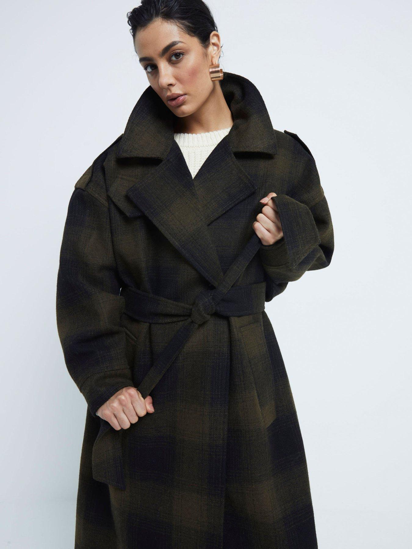 River Island Checked Belted Coat Dark Green Very
