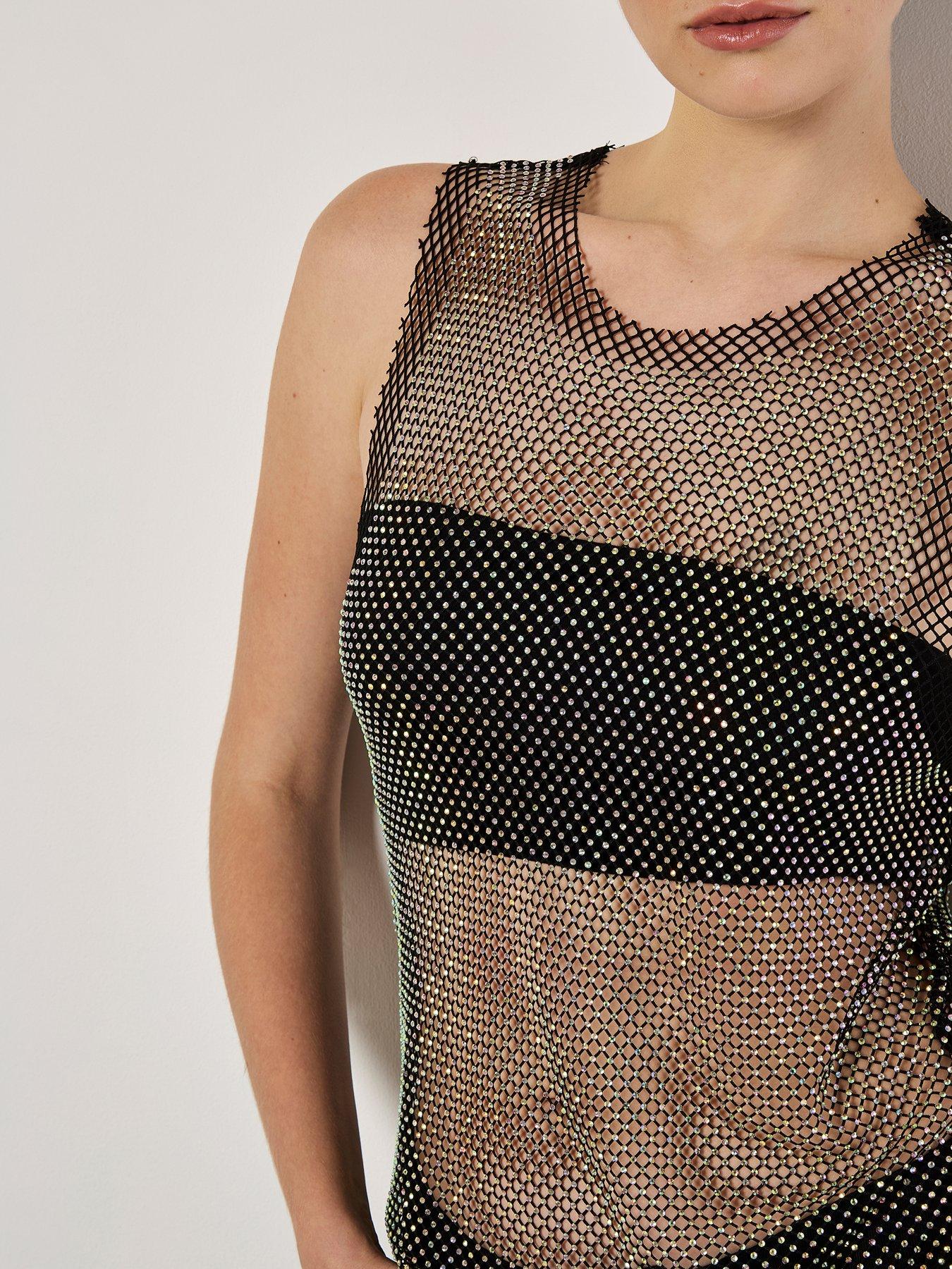 Image 4 of 4 of Apricot Iridescent Diamante Mesh Top - Black