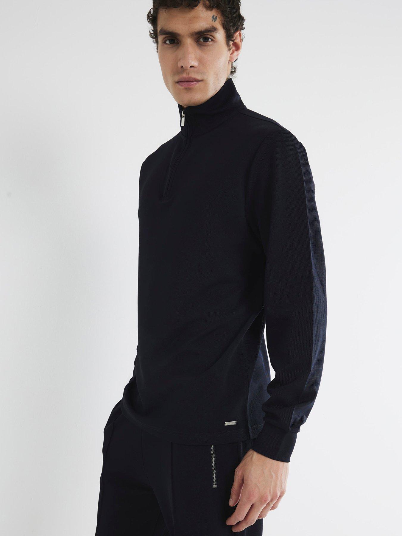 undefined Slim Smart Pique Funnel Neck 1/4 Zip Sweat - Navy