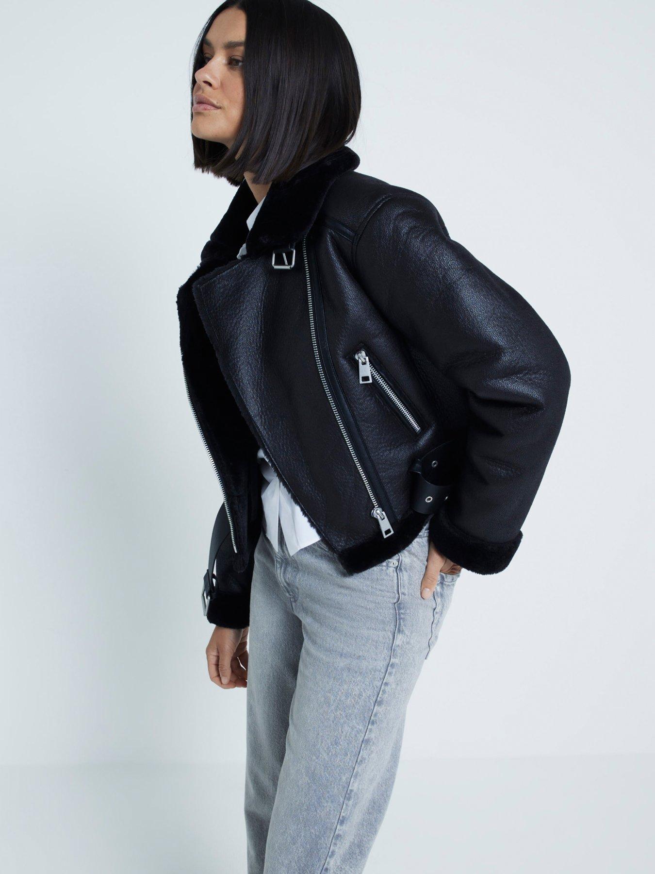 undefined Belted Crop Aviator Jacket - Black
