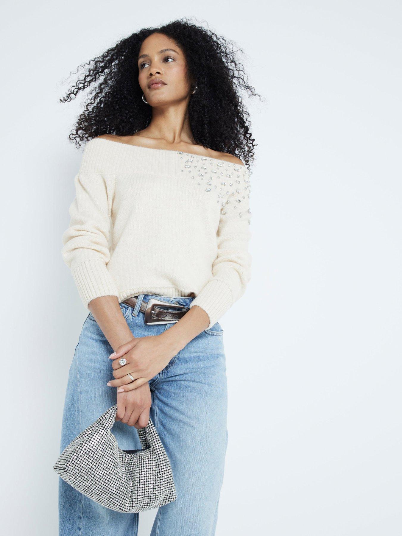 undefined Diamante Bardot Top - Cream