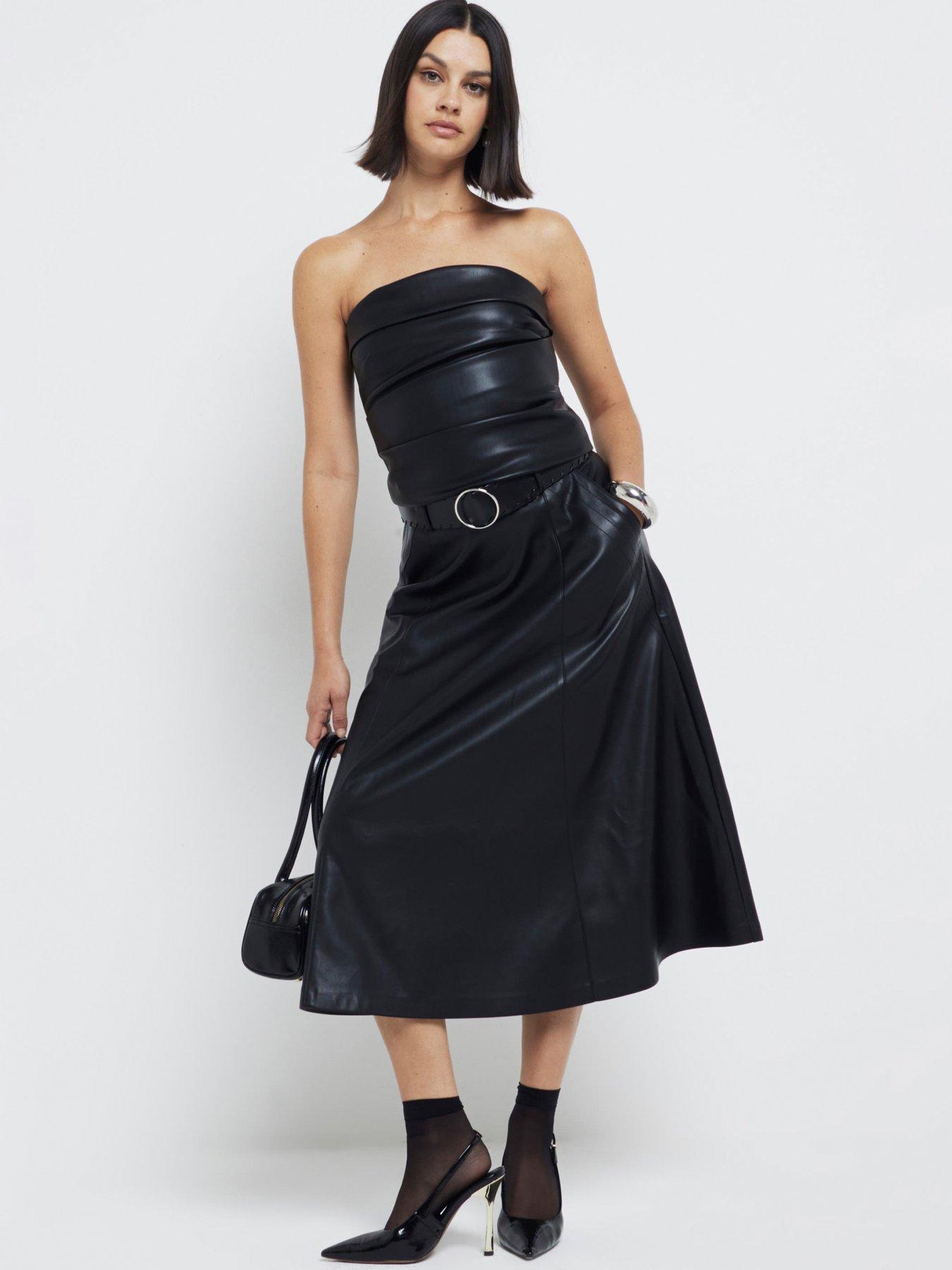 undefined A Line Faux Leather Midi Skirt - Black