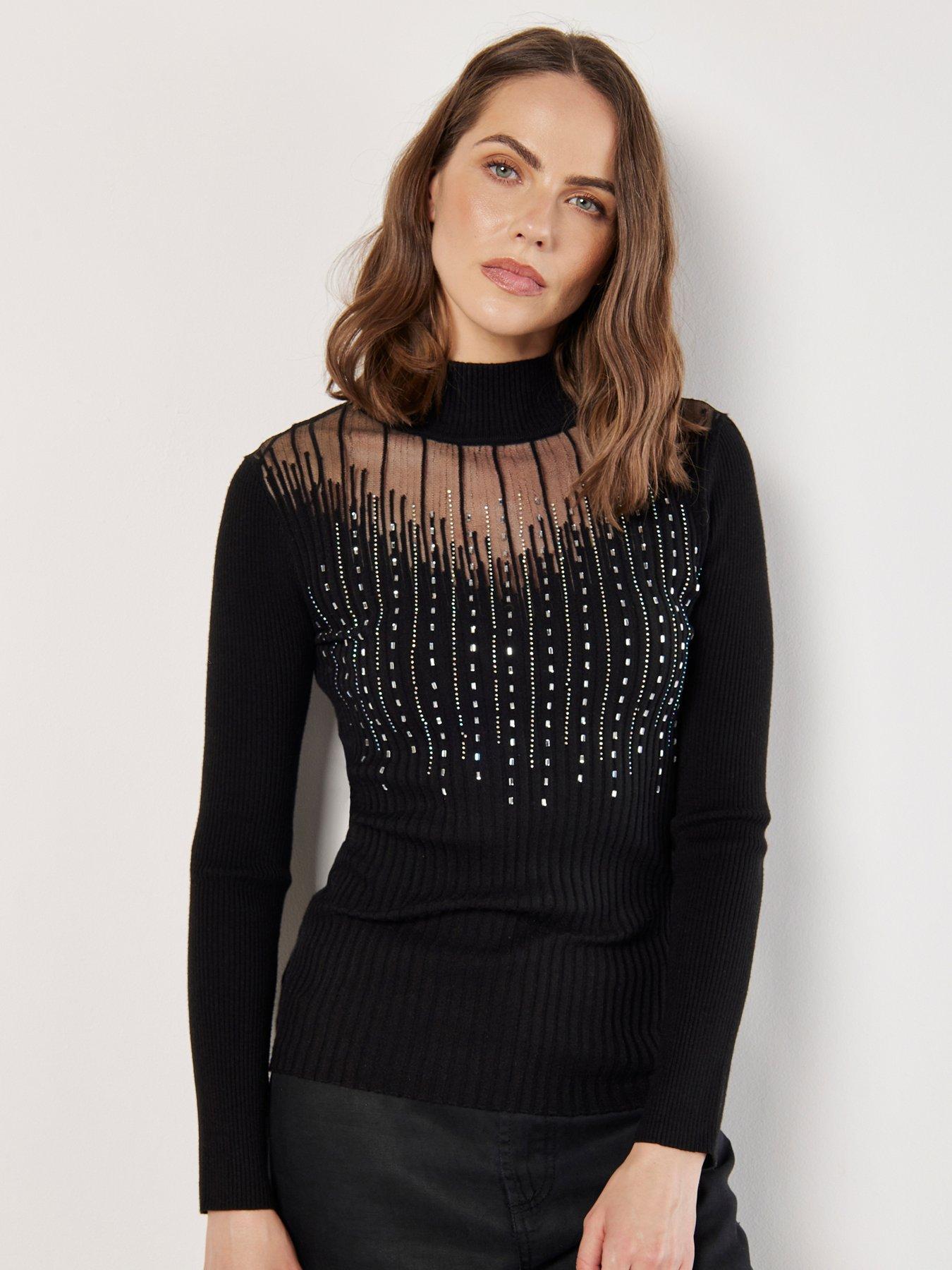 Apricot Mesh and Gems Ribbed Top - Black | Very