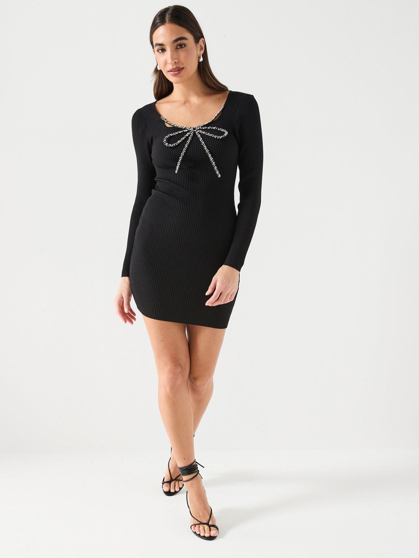 Image 1 of 6 of River Island Bow Mini Dress - Black