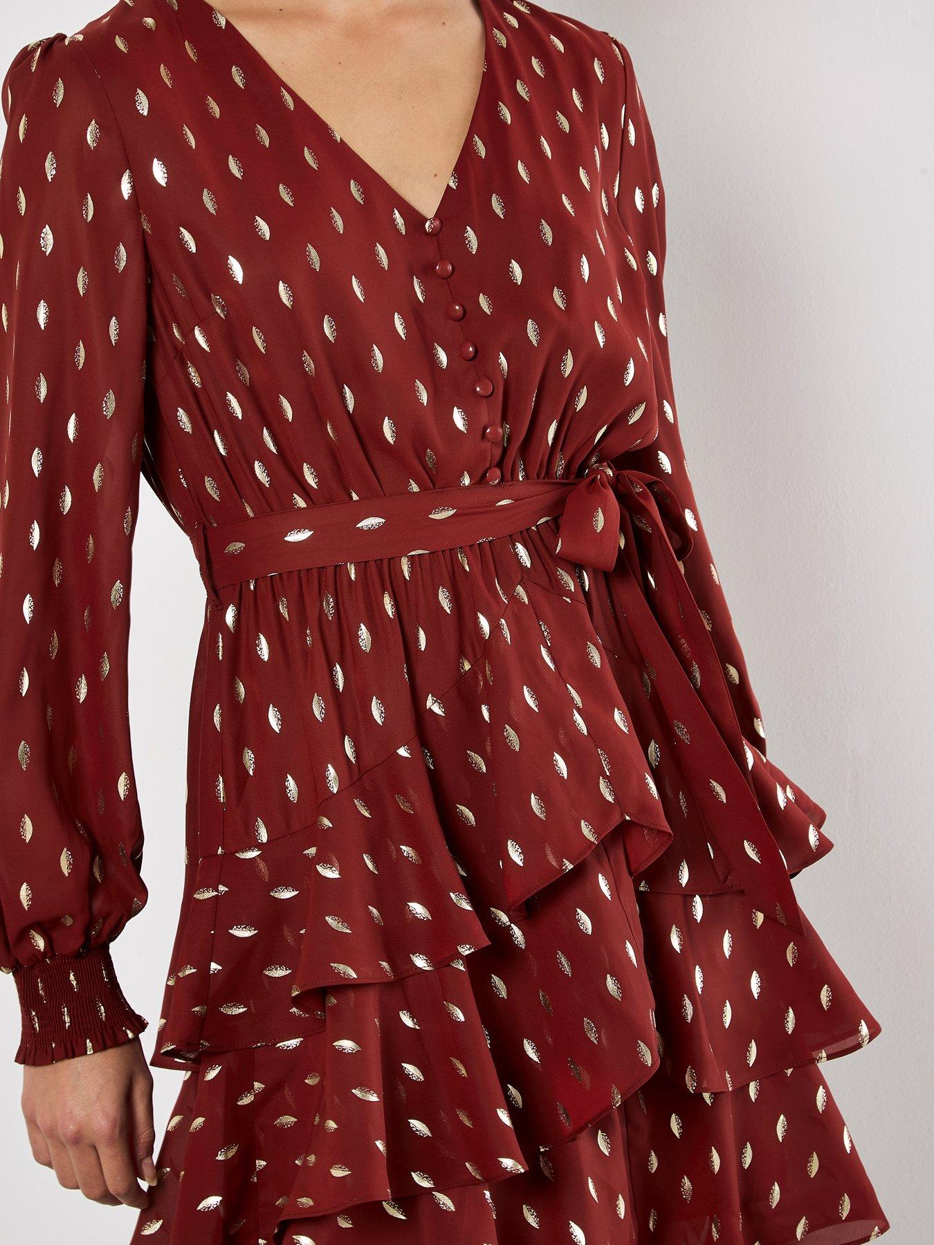 Image 4 of 4 of Apricot Foil Spot Layered L/s Dress