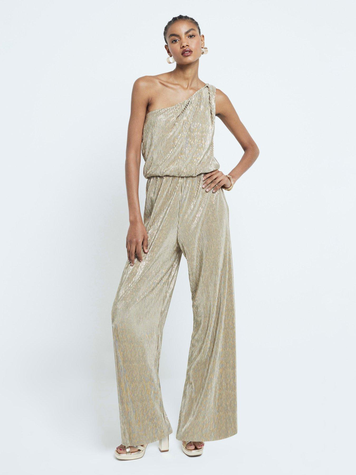undefined Asymmetric Metallic Plisse Jumpsuit - Gold