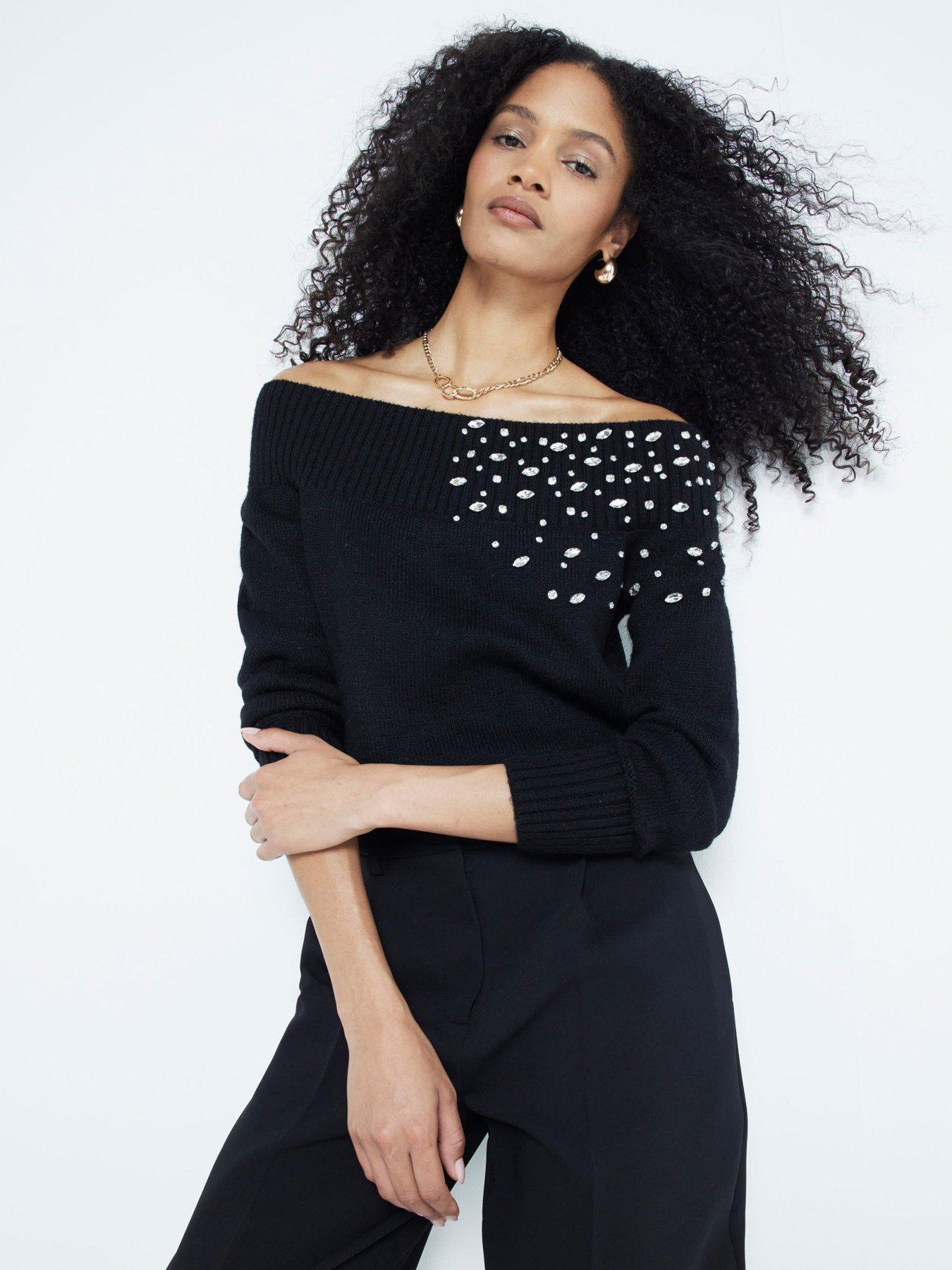 undefined Diamante Bardot Top - Black