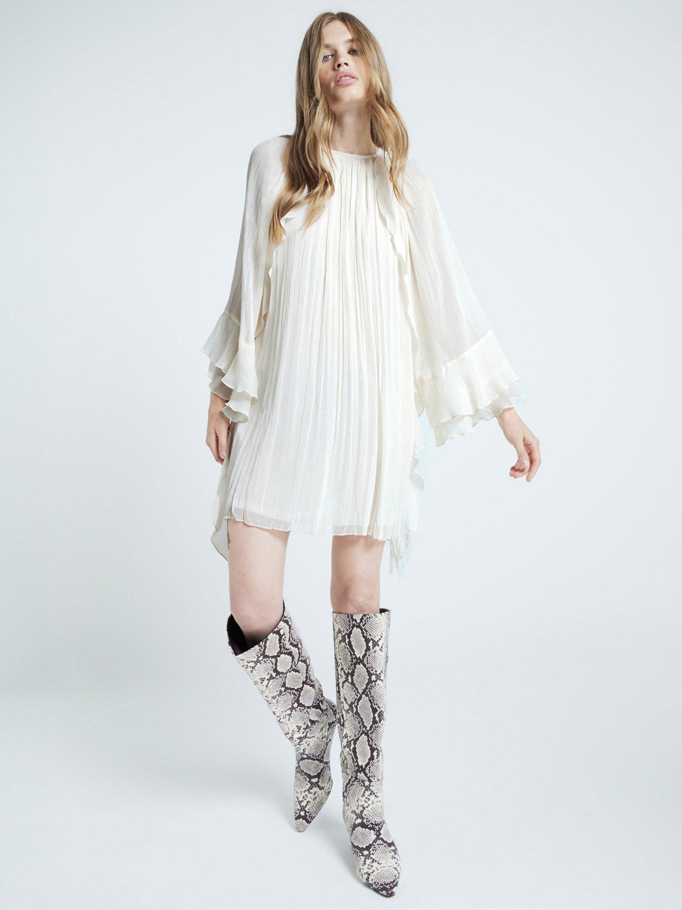 undefined High Neck Ruffle Mini Dress - Cream