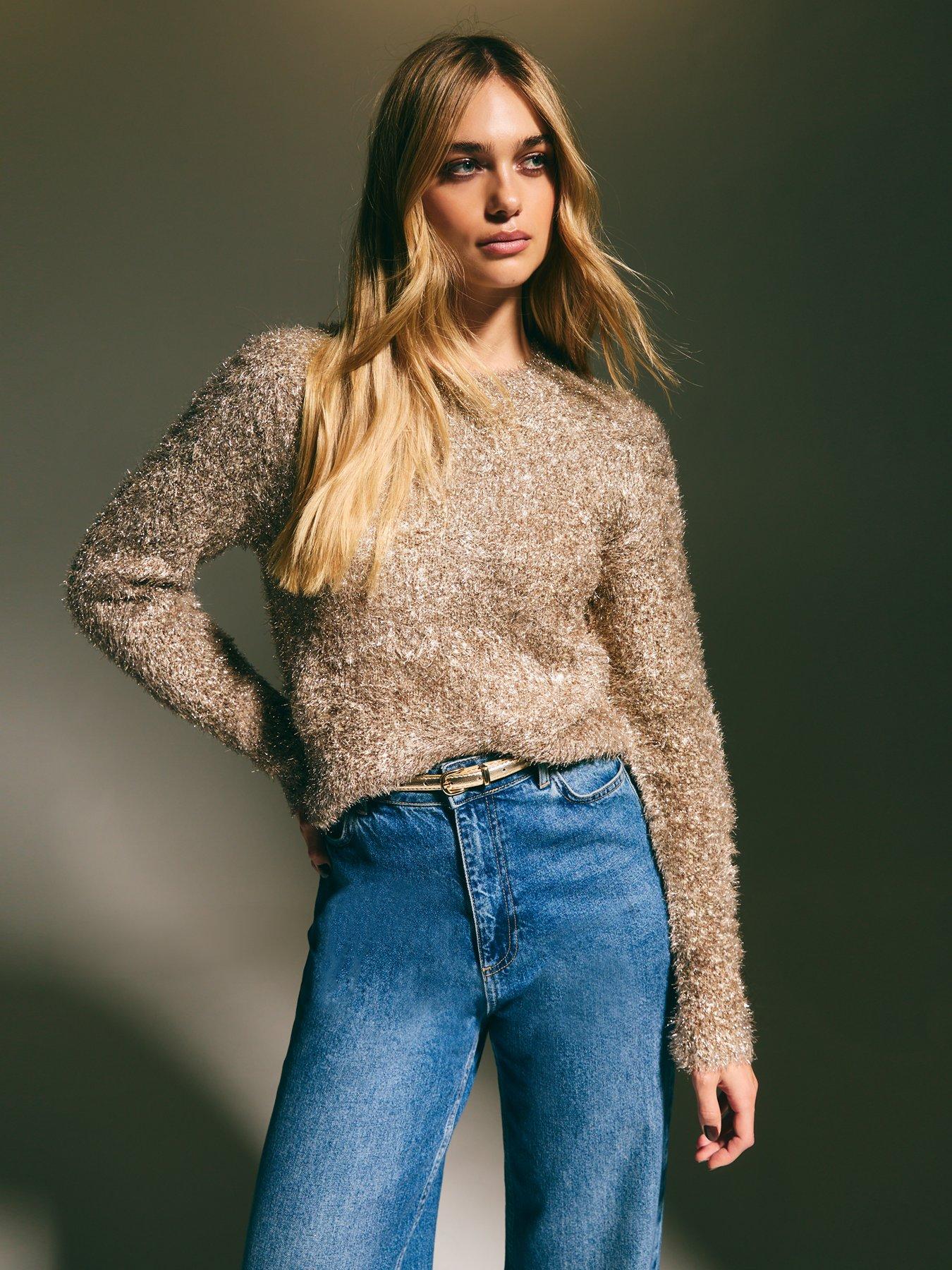undefined Sparkle Yarn Textured Crew Neck Jumper - Gold