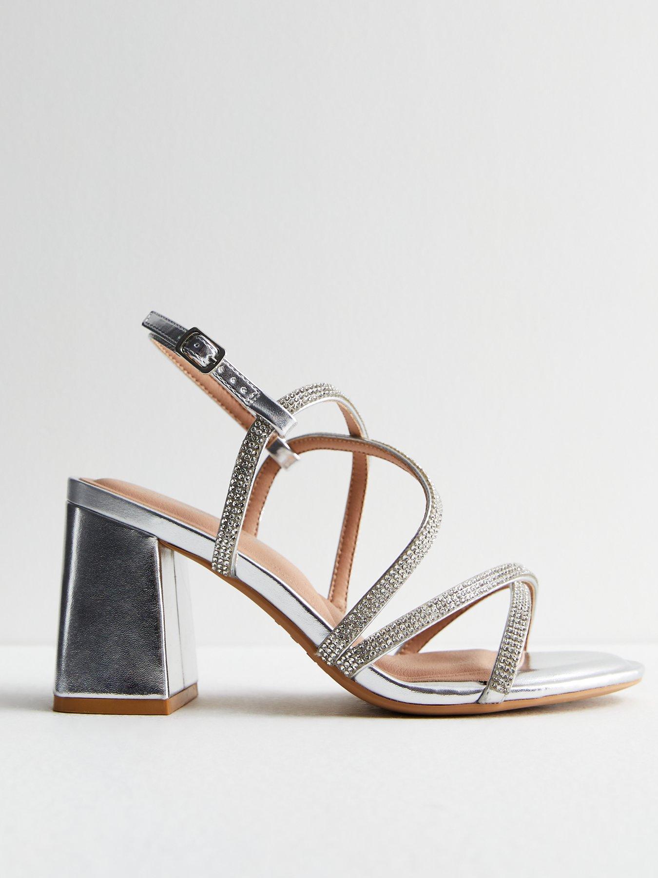 undefined Wide Fit Diamante Strappy Block Heel Sandals - Silver