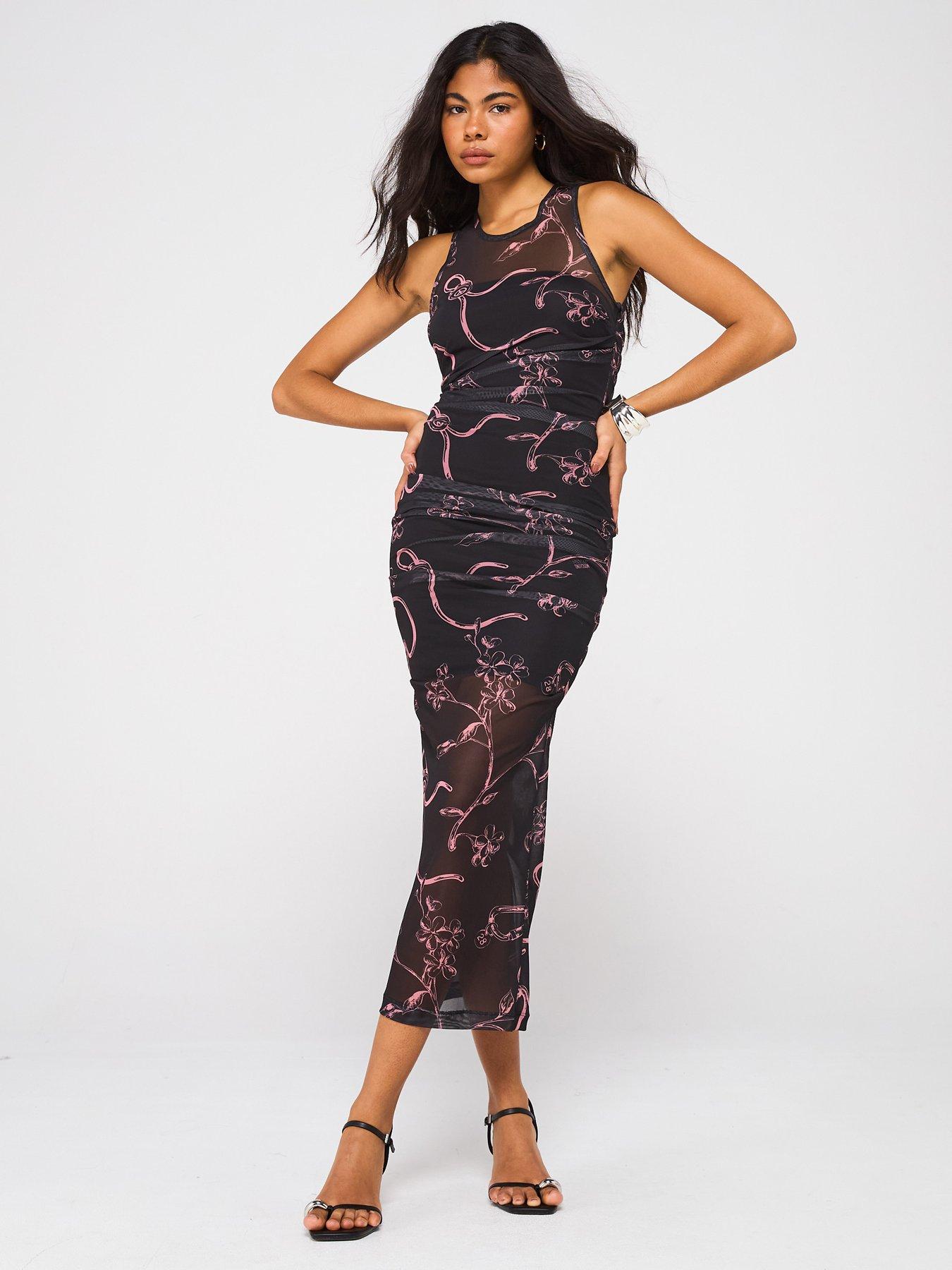 undefined Printed Mesh Midi Dress - Black