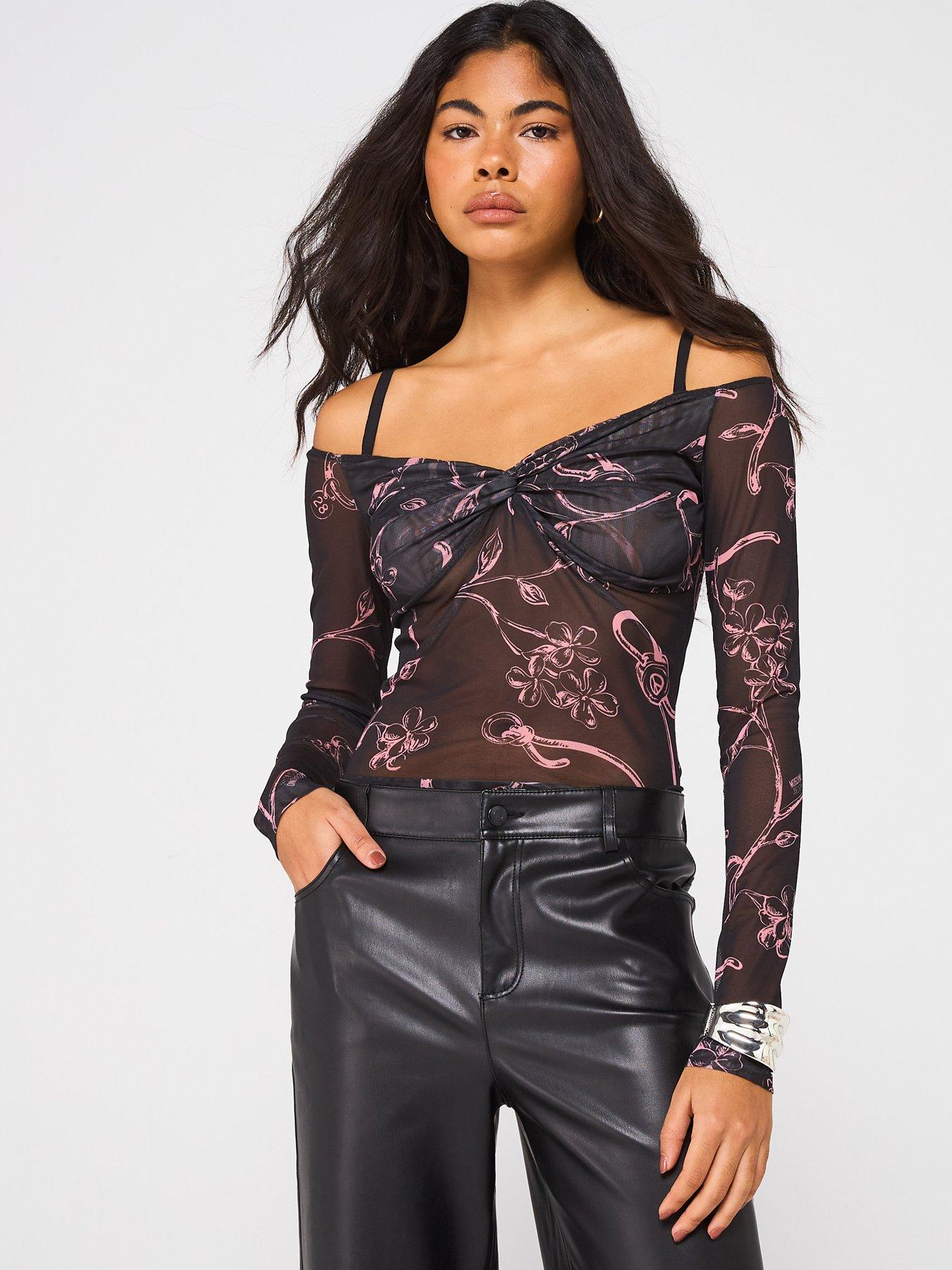 undefined Off The Shoulder Mesh Long Sleeve Top - Black