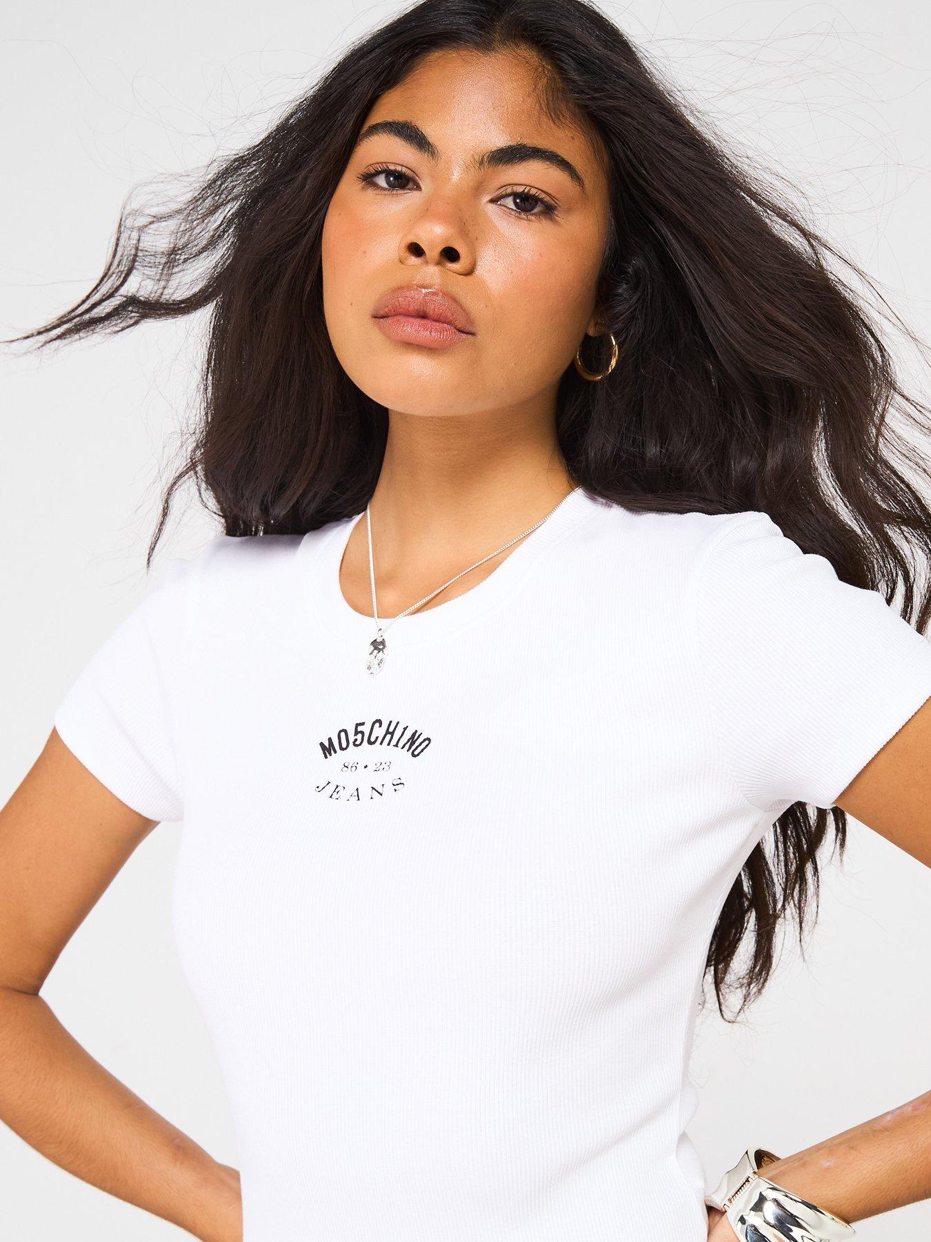 Image 4 of 5 of Moschino Jeans Fitted Logo Midi Dress - White