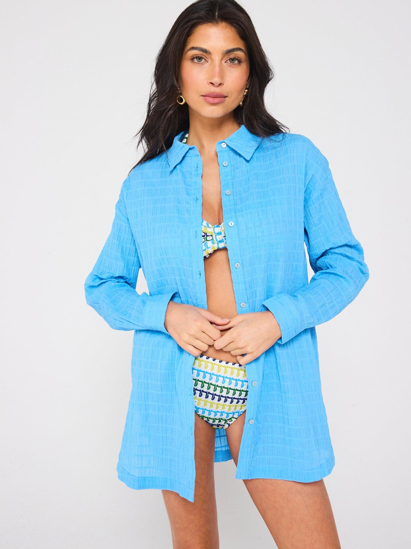 undefined Seersucker Oversized Beach Shirt - Blue