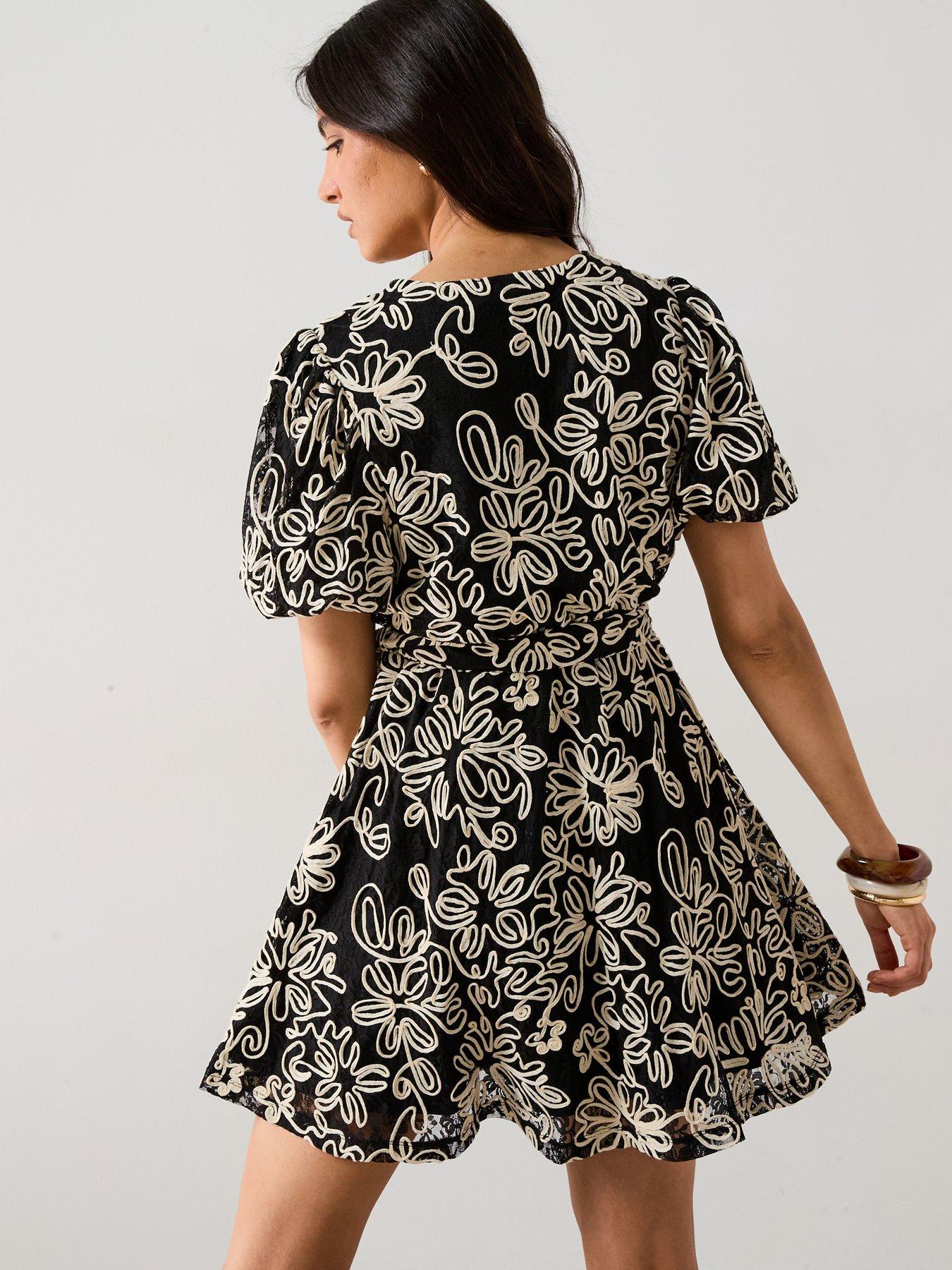 V by Very Mono Embroidered Lace Mini Dress - Black | Very
