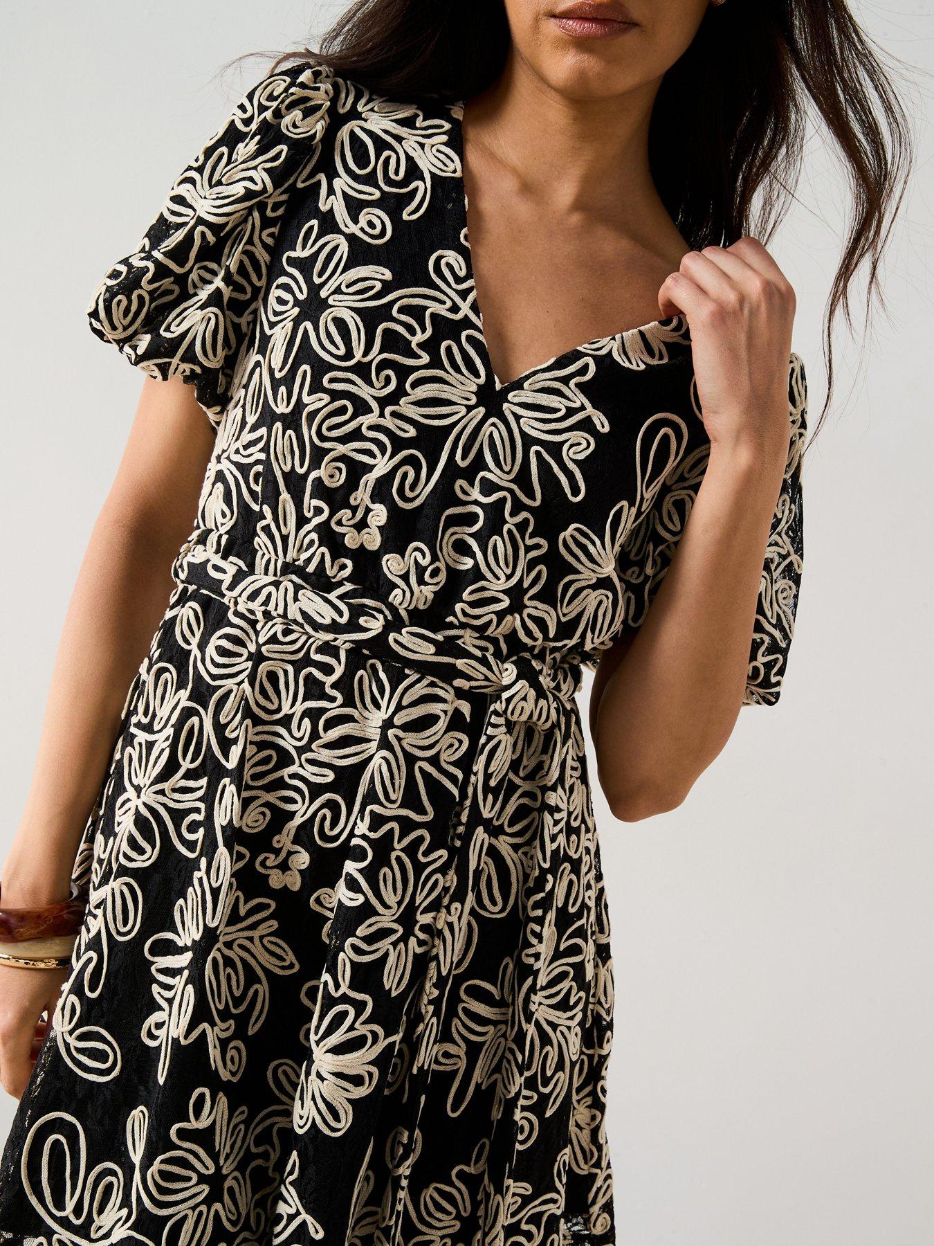 V by Very Mono Embroidered Lace Mini Dress - Black | Very