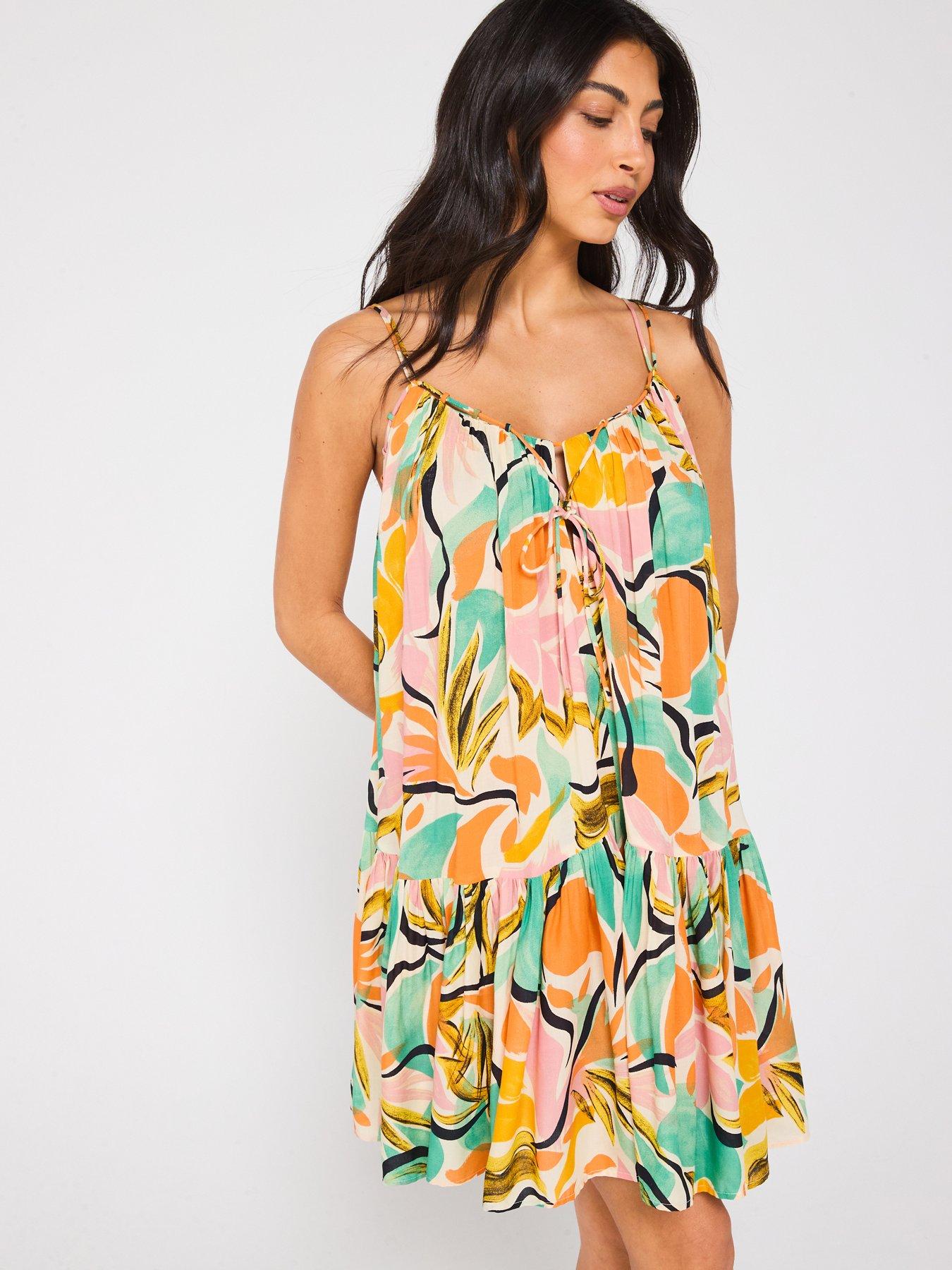 V by Very Strappy Tiered Beach Mini Dress - Print | Very