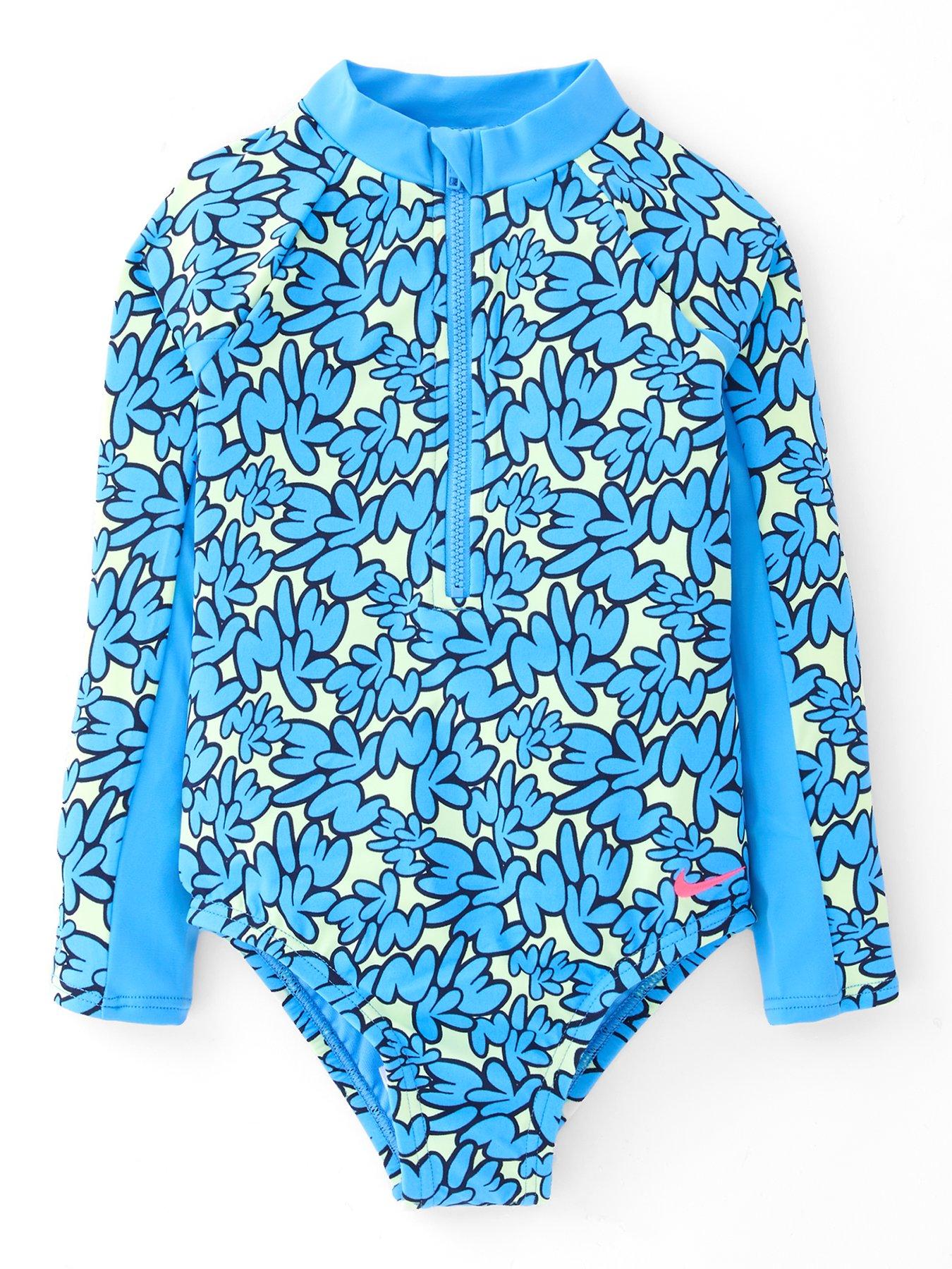 Nike Younger Girls Bubble Font Long Sleeve One Piece Swimsuit - Blue