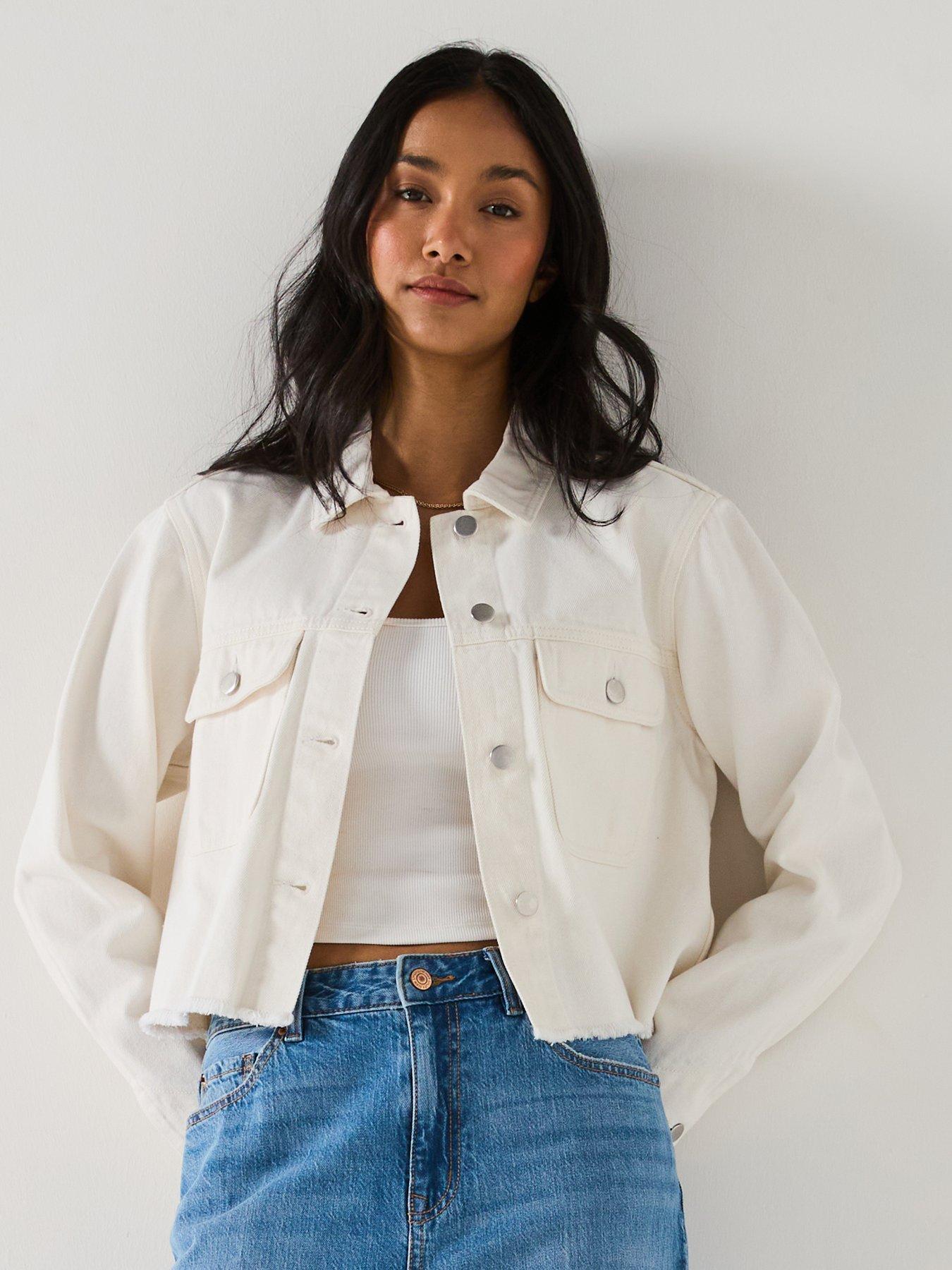 undefined Cropped Raw Hem Denim Jacket - Ecru