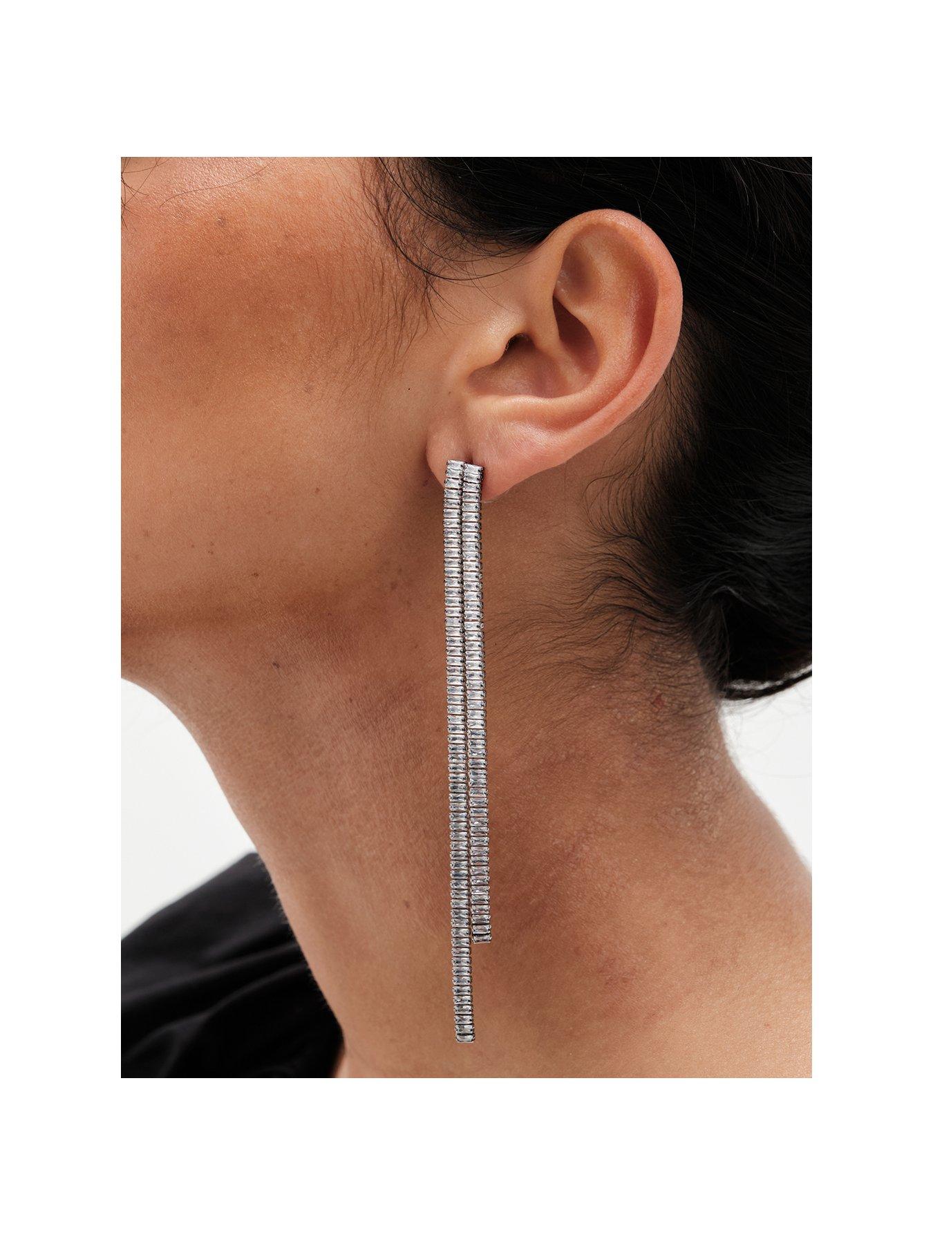 Product photograph of Mood Hematite Crystal Double Baguette Linear Drop Earring from very.co.uk