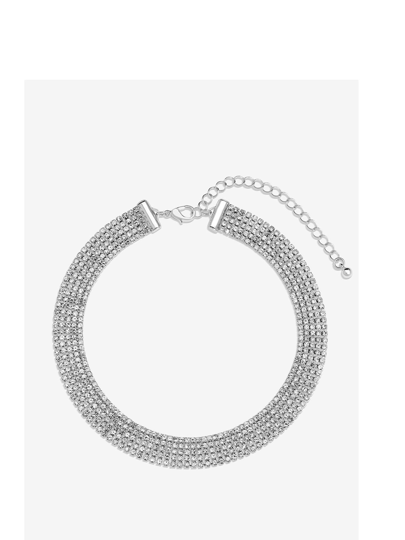 Product photograph of Mood Silver Crystal Fixed Diamante Choker Necklace from very.co.uk