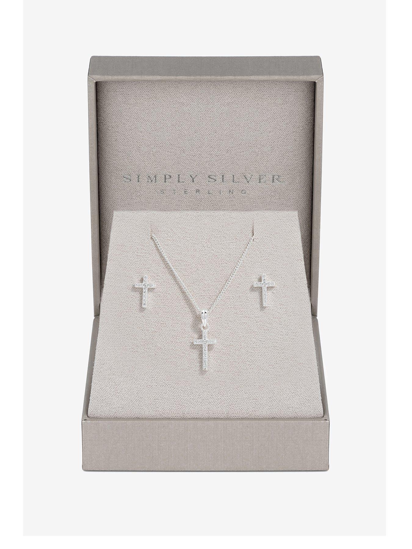 Product photograph of Simply Silver Sterling Silver 925 Cubic Zirconia Cross Set - Gift Boxed from very.co.uk