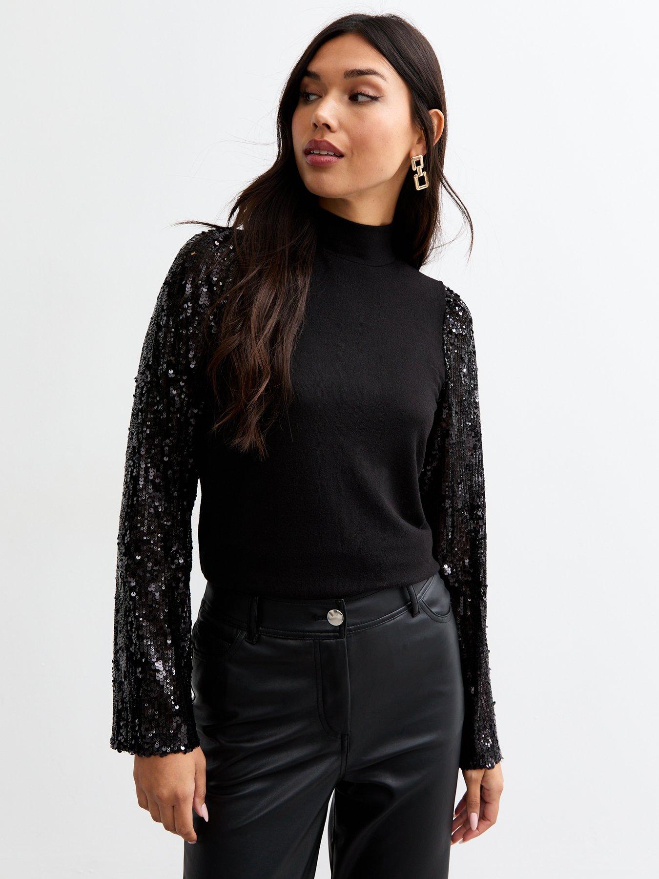 undefined Sequin Sleeve Knitted Top - Black