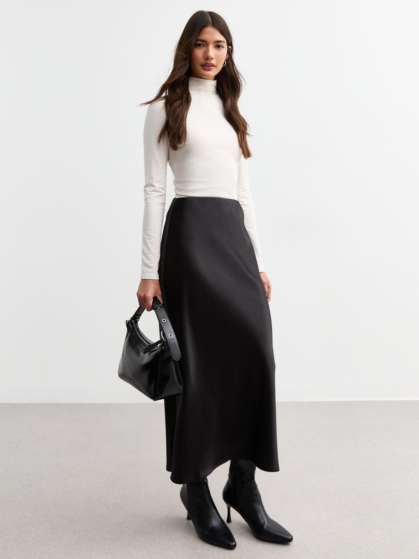 undefined Textured Satin Midi Slip Skirt - Black