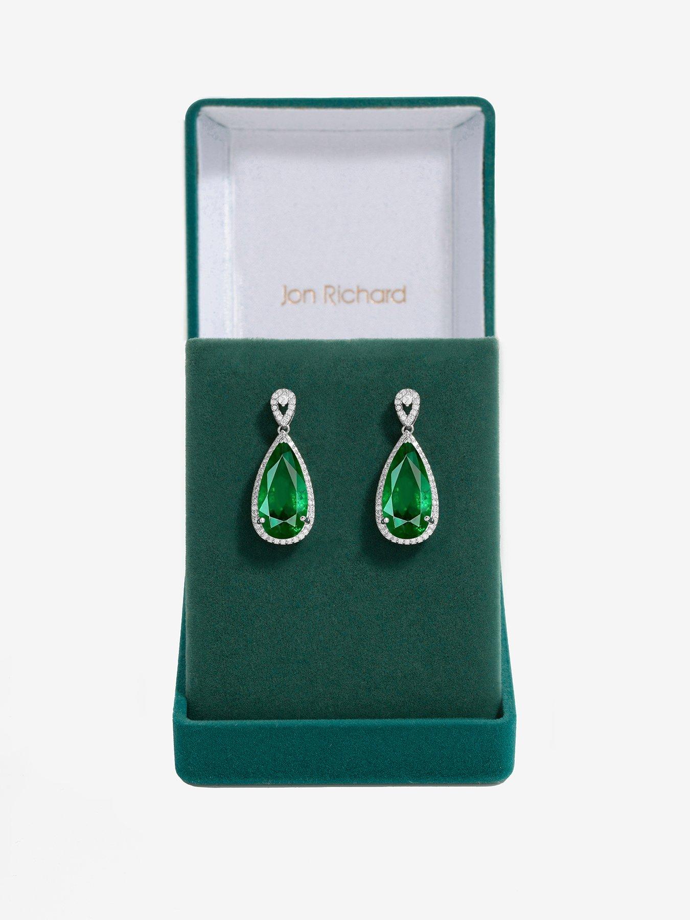 Product photograph of Jon Richard Rhodium Plated Emerald Cubic Zirconia Pear Drop Earrings from very.co.uk