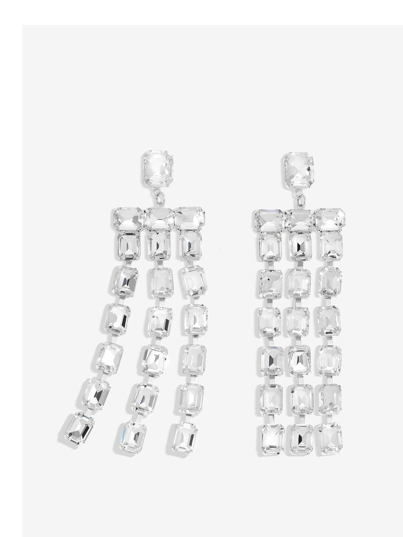 Product photograph of Mood Silver Crystal Mirror Statement Drop Earrings from very.co.uk