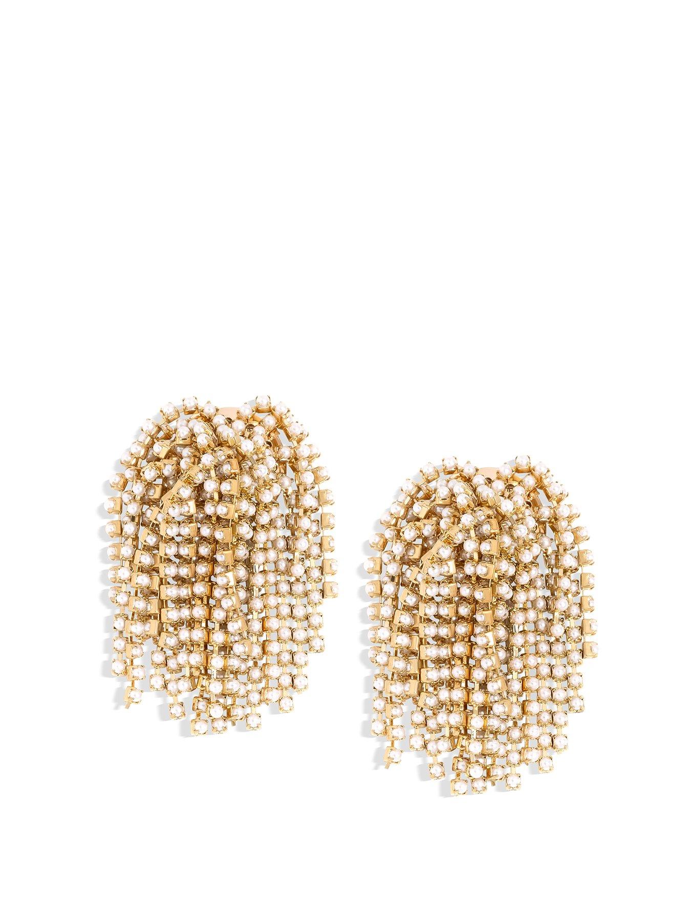 Product photograph of Mood Gold Pearl Chain Statement Shower Earrings from very.co.uk