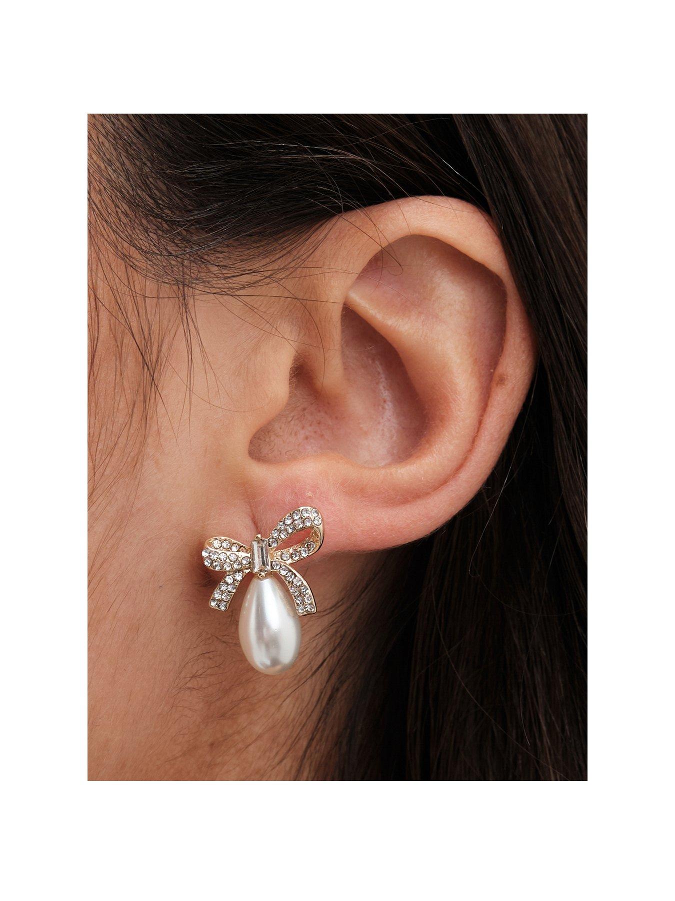 Product photograph of Jon Richard Gold Plated Pave Bow And Pear Drop Pearl Earrings from very.co.uk