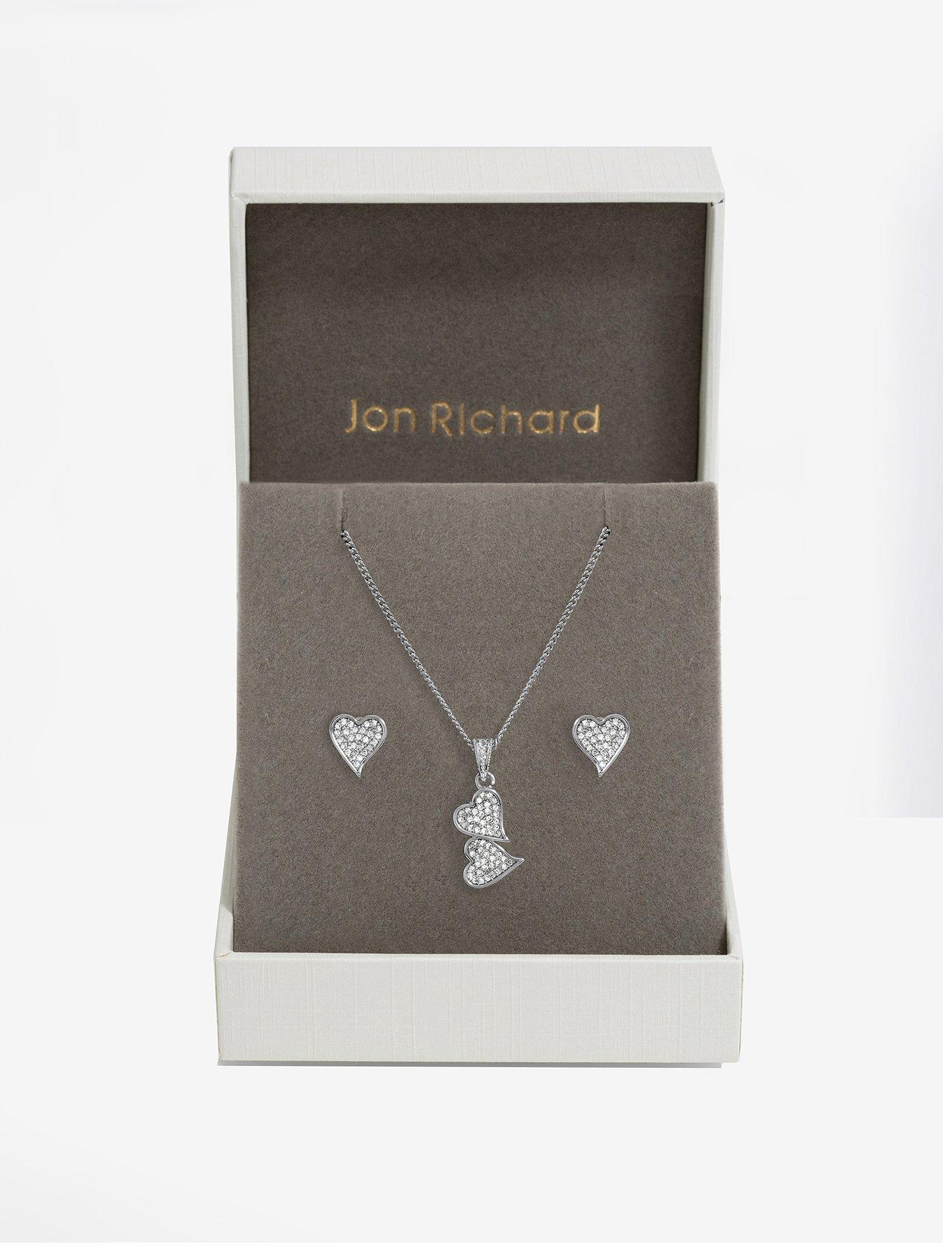 Product photograph of Jon Richard Rhodium Plated Cubic Zirconia Double Heart Pendant And Earrings - Gift Box from very.co.uk