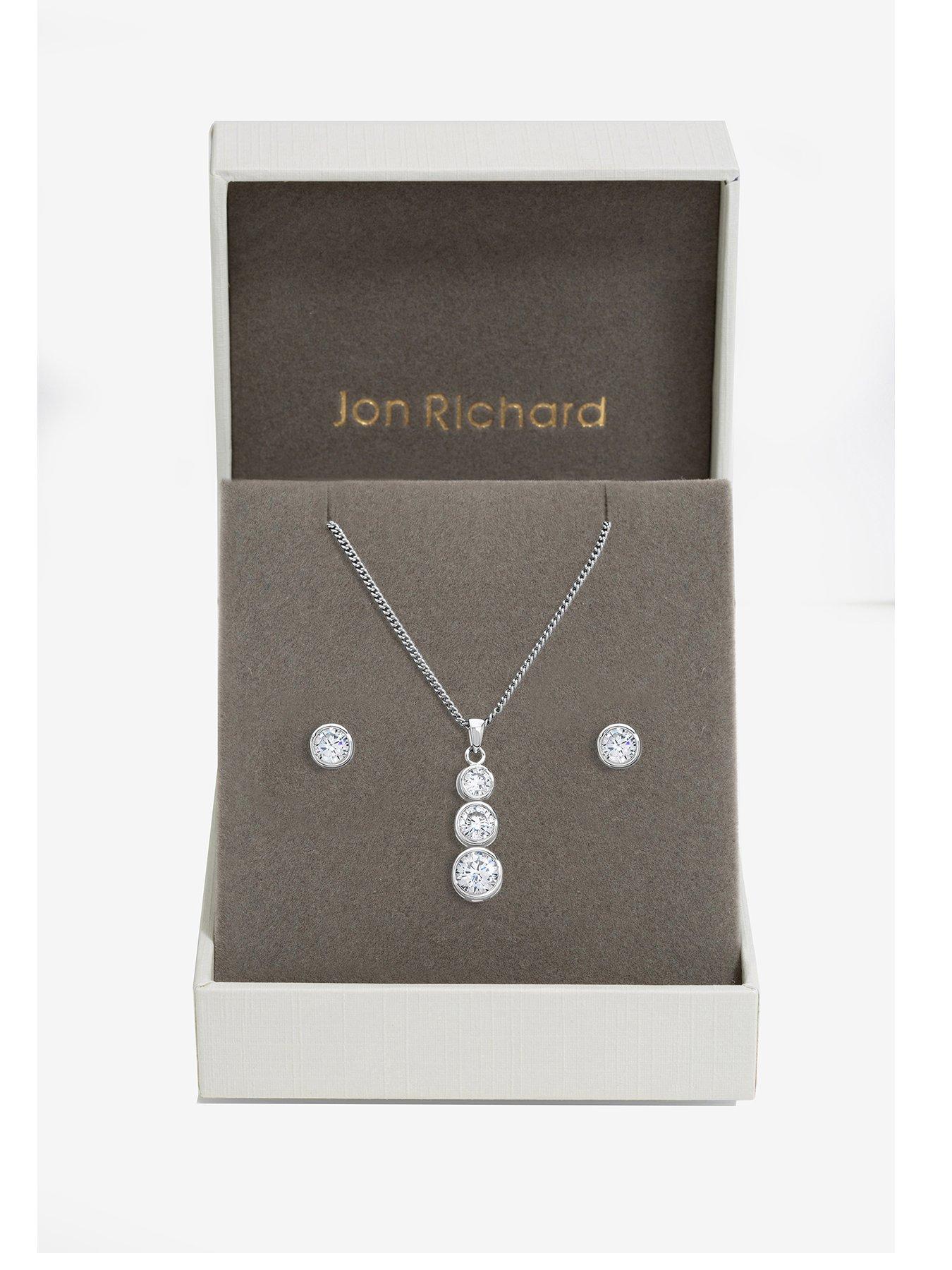 Product photograph of Jon Richard Rhodium Plated Cubic Zirconia Bezel Stick Pendant And Earrings - Gift Box from very.co.uk