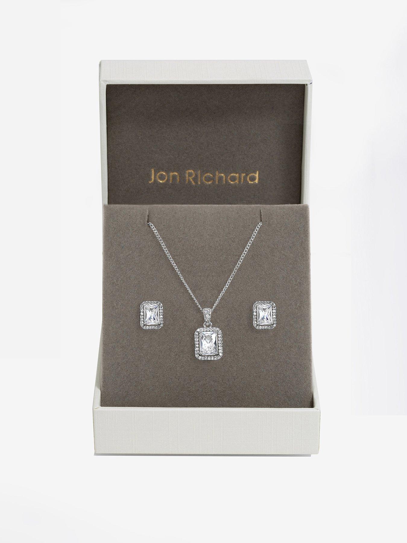 Product photograph of Jon Richard Rhodium Plated Cubic Zirconia Emerald Cut Pendant And Earrings - Gift Box from very.co.uk