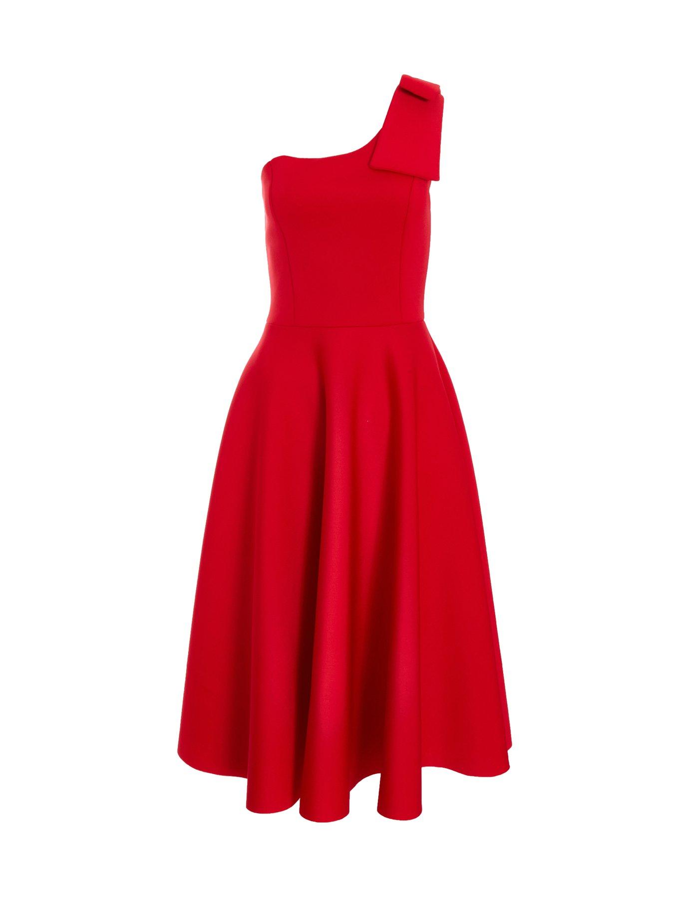 Quiz Red One Shoulder Bow Skater Midi Dress | Very